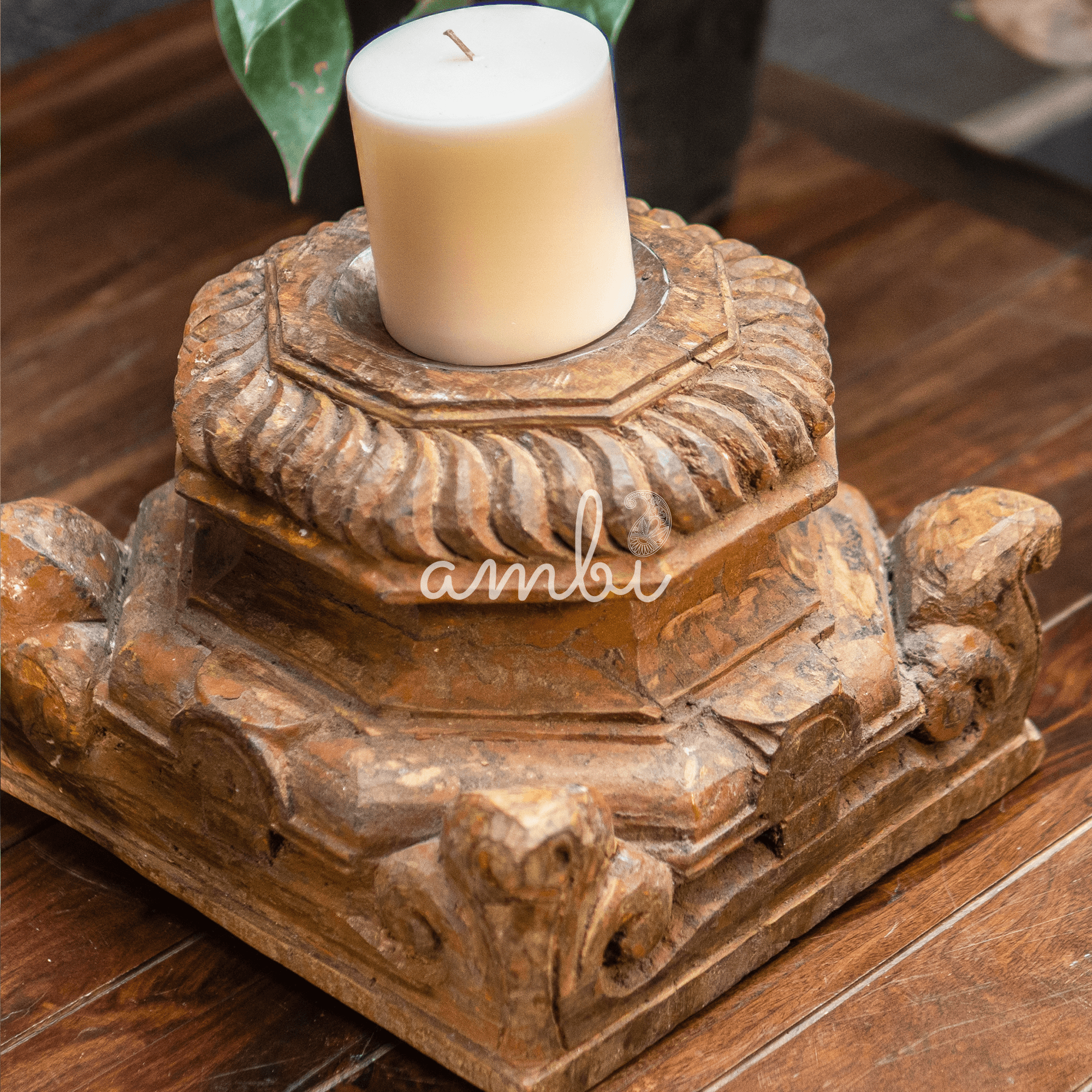 Heavy Vintage Handcrafted Distressed Look Wood Bracket Candle Stand