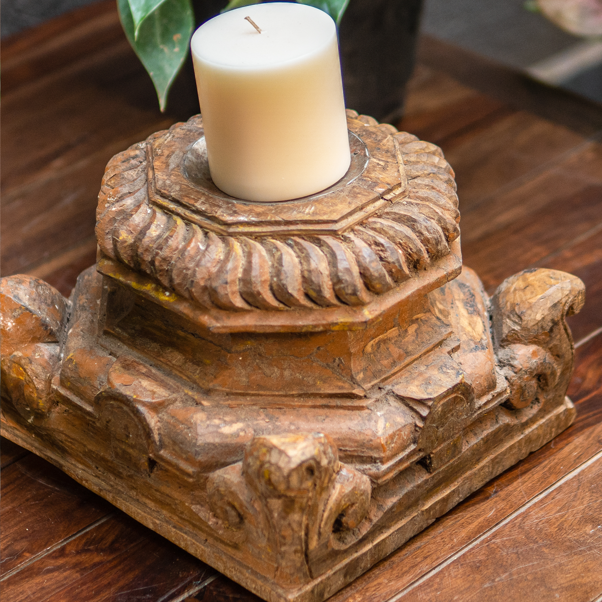Heavy Vintage Handcrafted Distressed Look Wood Bracket Candle Stand
