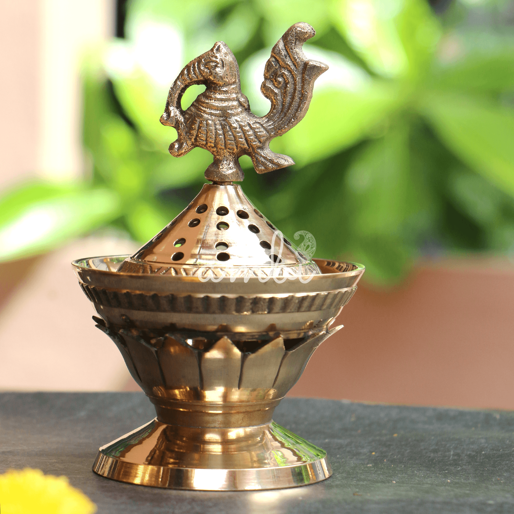 Lotus Base Peacock Top Brass Dhuni Loban Sambrani Incense Burner (small)