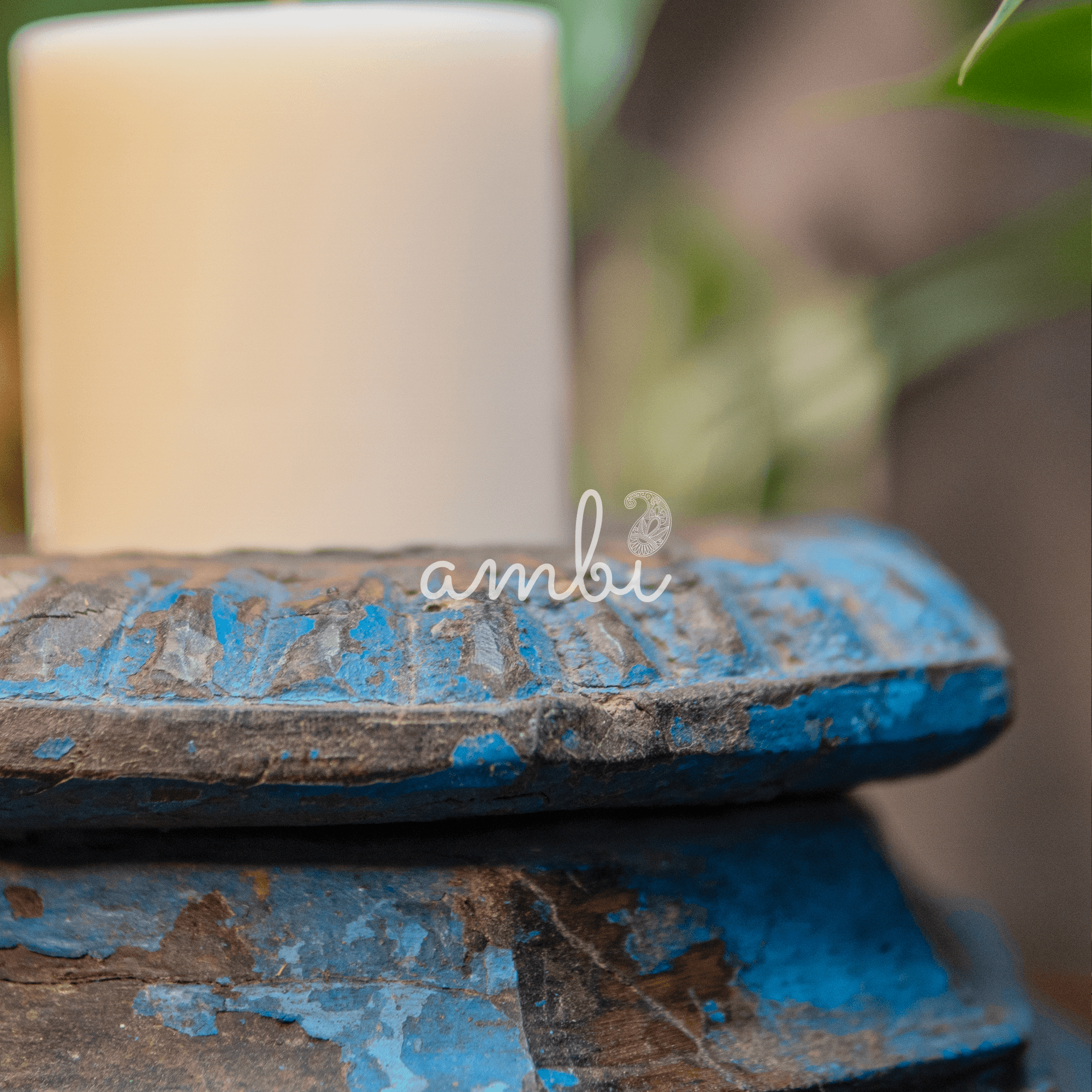 Vintage Wooden Distressed Candle Stand in Blue Rust Look
