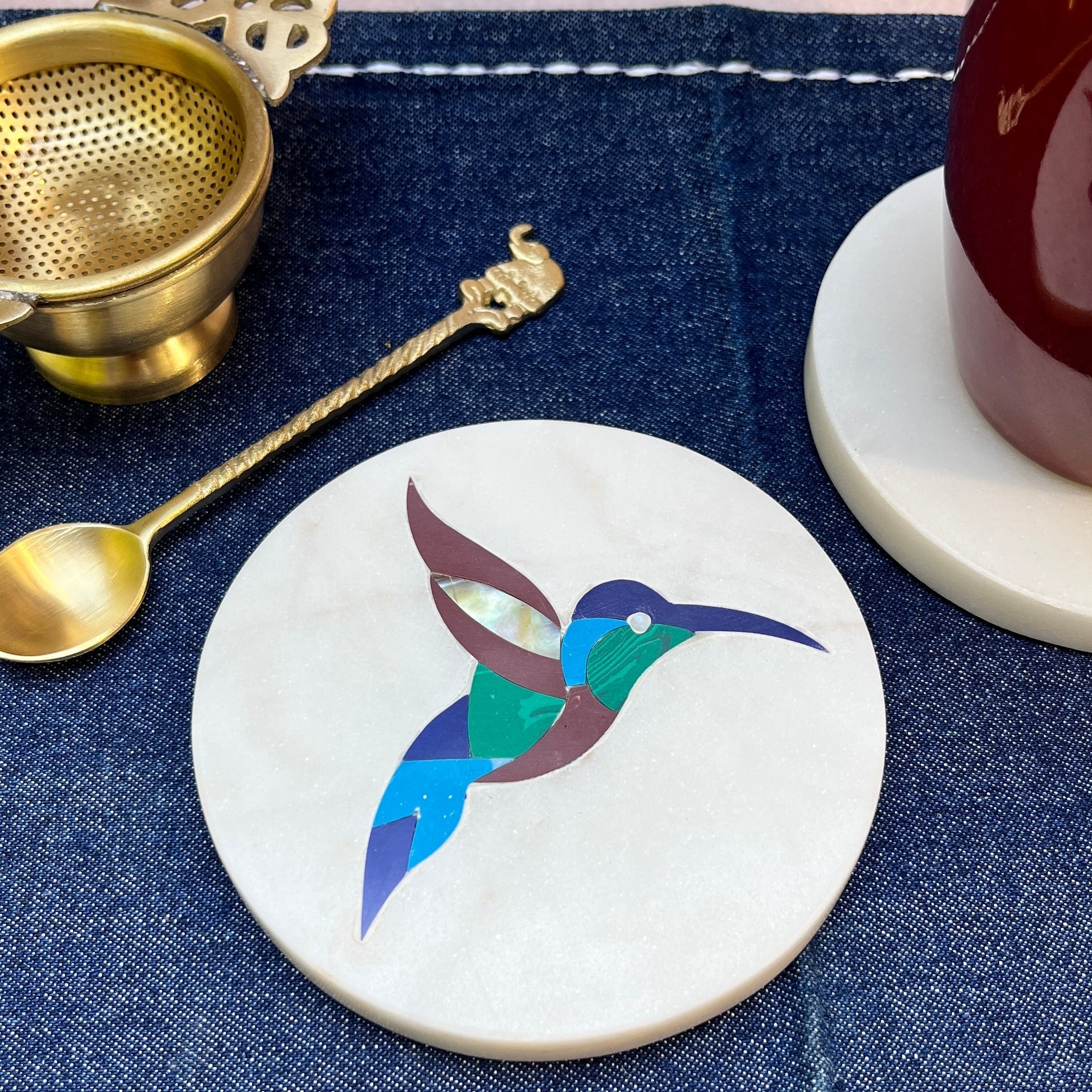 Ambi Humming Bird Marble Coasters with Inlay work - Set of 2