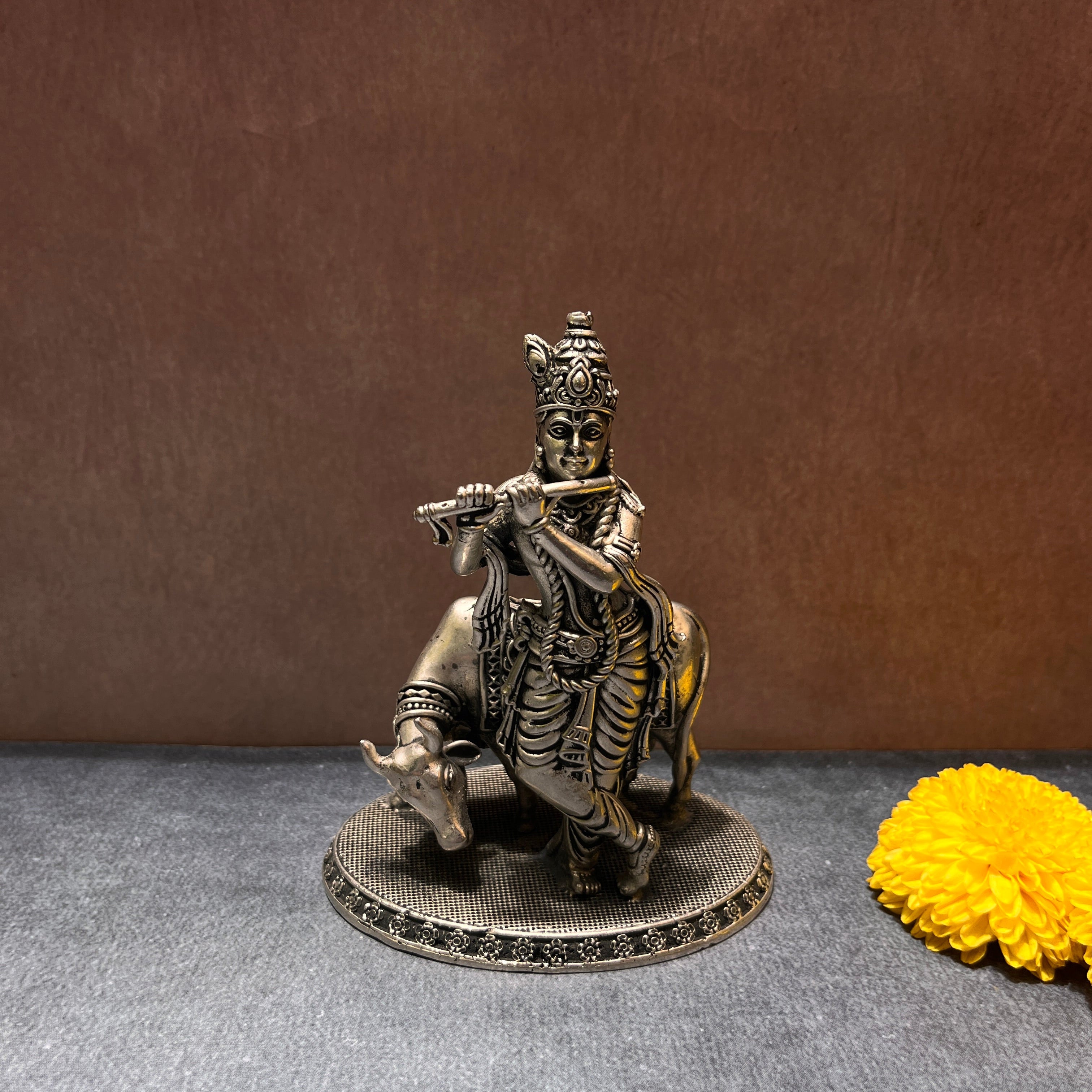 Ambi Pure Brass Lord Krishna with Cow Statue – Flute Playing Krishna (Muralidhar) Idol |Silver Finish| - 5 Inch Height