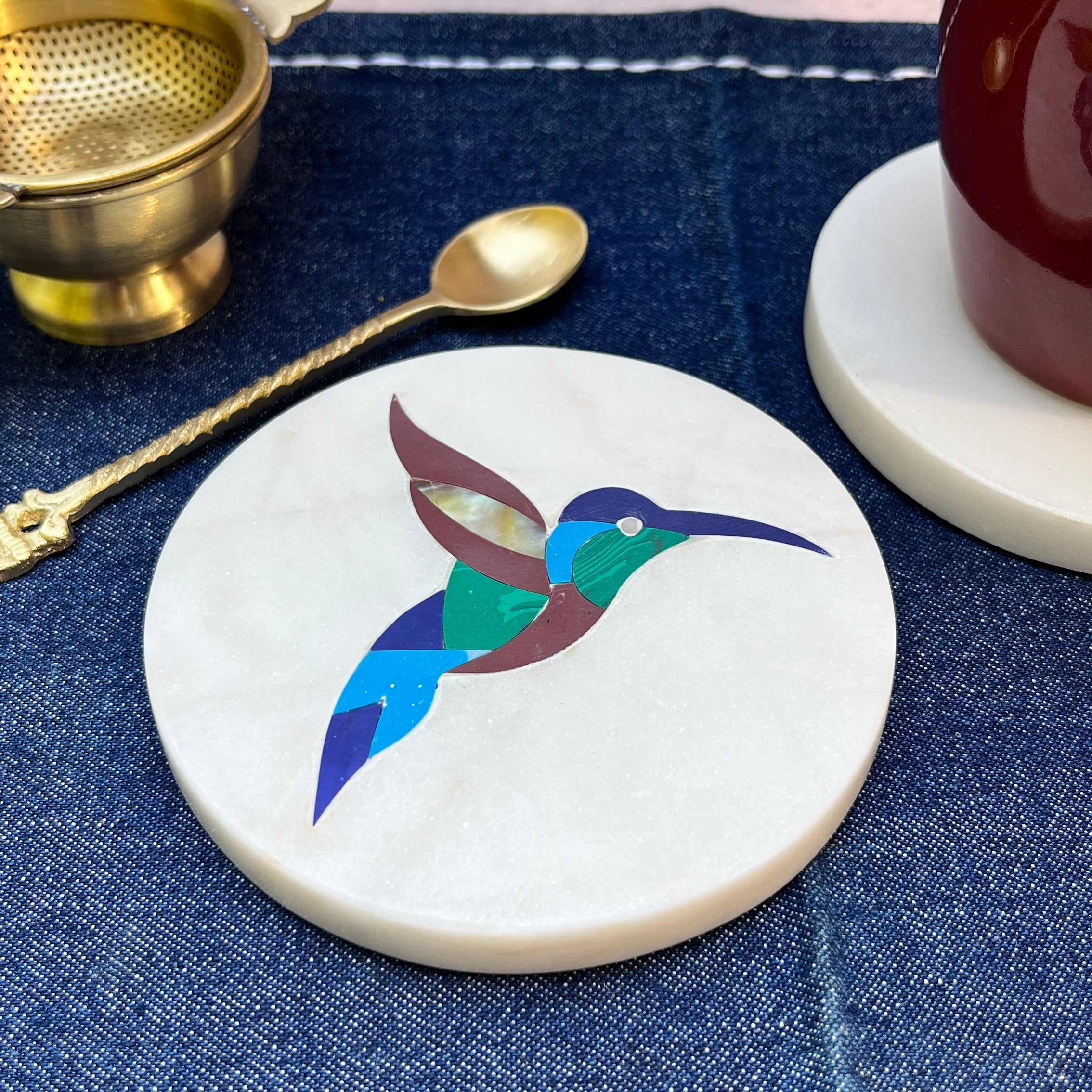 Ambi Humming Bird Marble Coasters with Inlay work - Set of 2