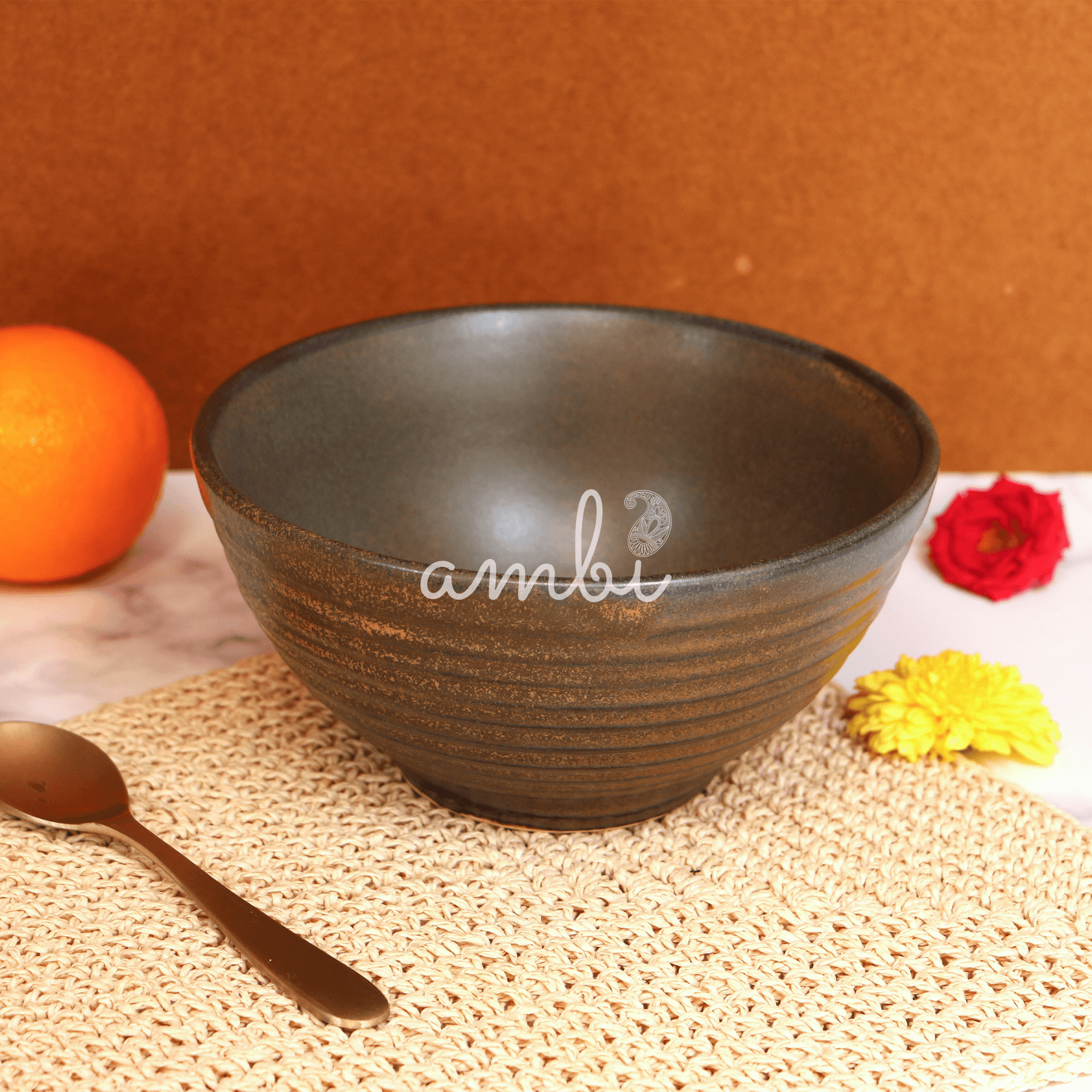 Ambi Handmade Matte-Finish Spiral textured Noodle Ramen Bowl 7 inches