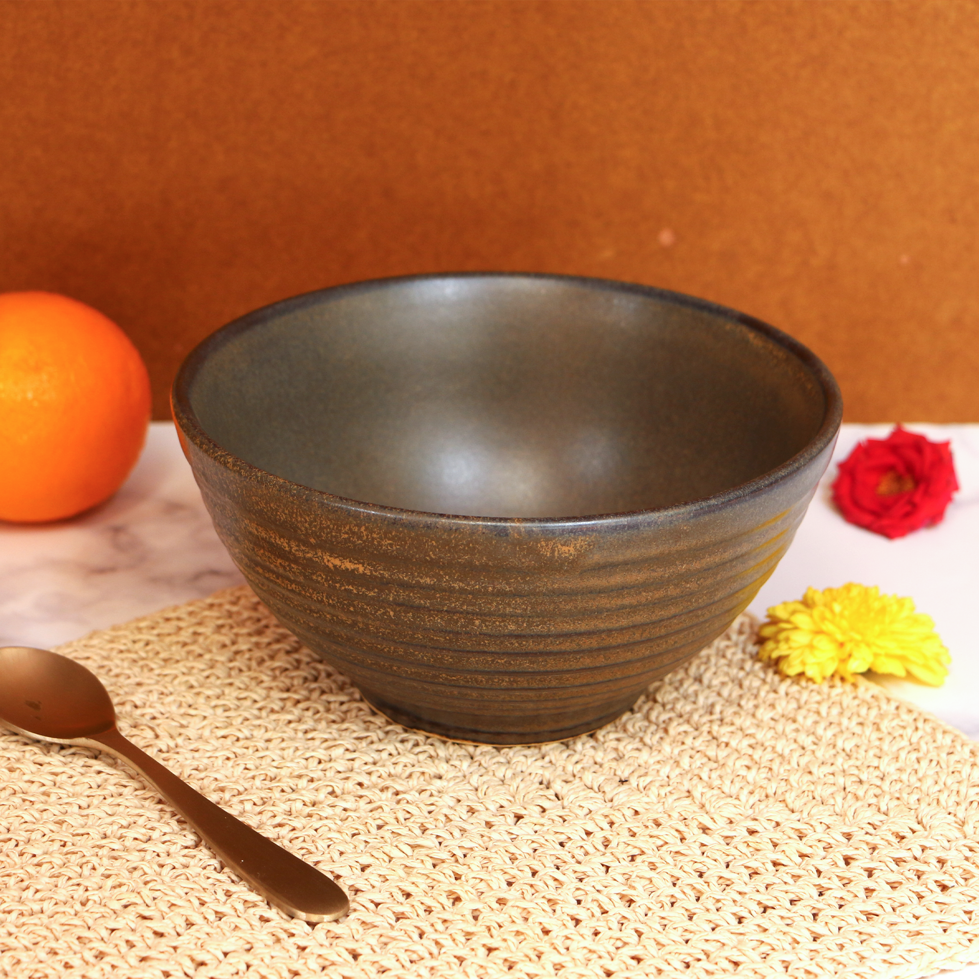 Ambi Handmade Matte-Finish Spiral textured Noodle Ramen Bowl 7 inches