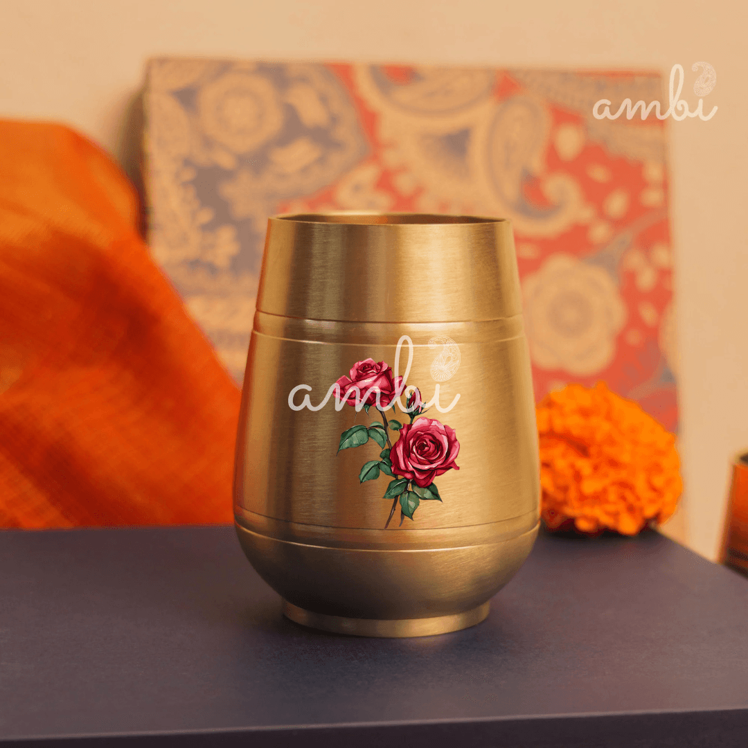 Pure 100% Lead Free Kansa Floral Hand Painted Finish - Rose Design Heavy Damru Glass - 350 ML