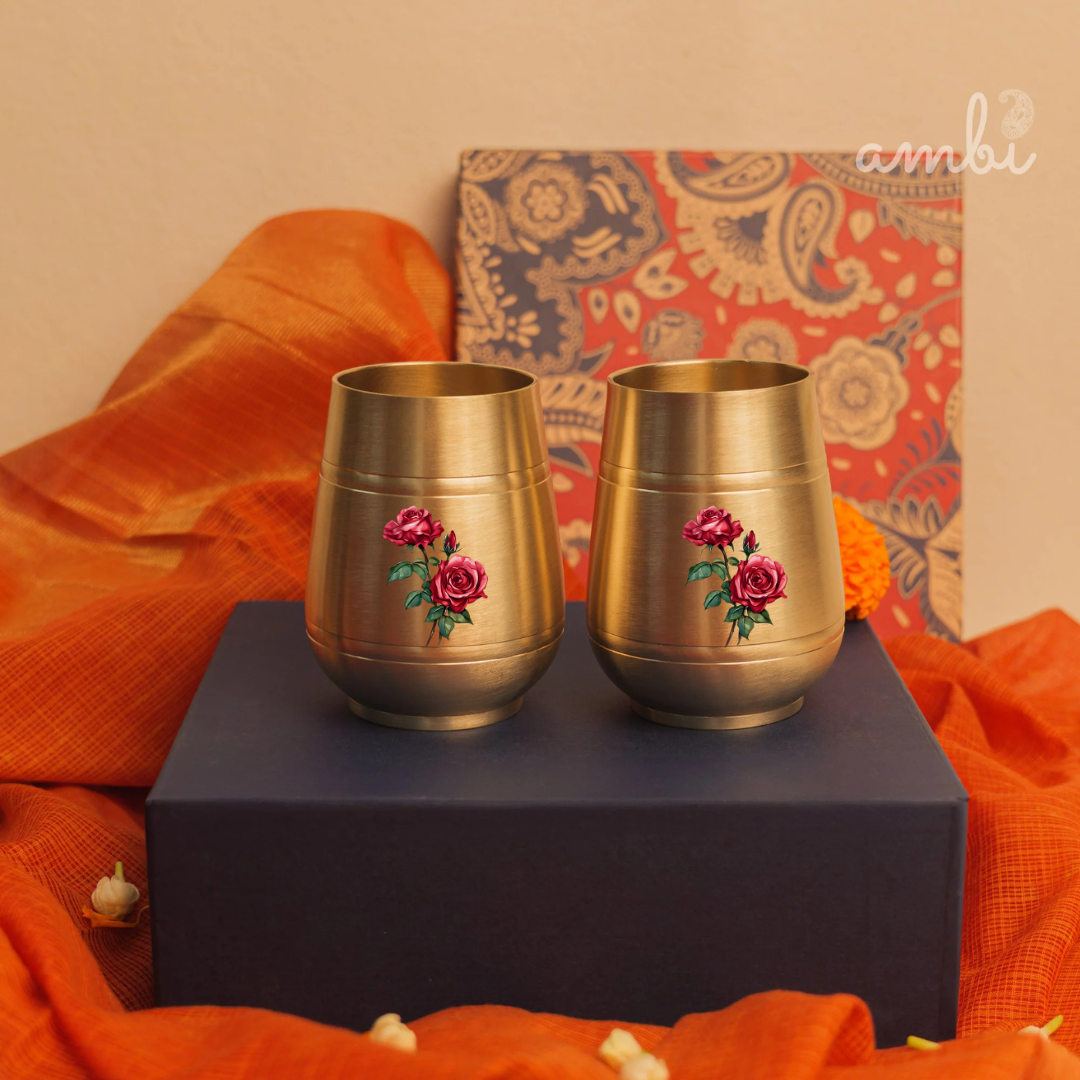 Pure 100% Lead Free Kansa Floral Hand Painted Finish - Rose Design Heavy Damru Glass - 330 ml