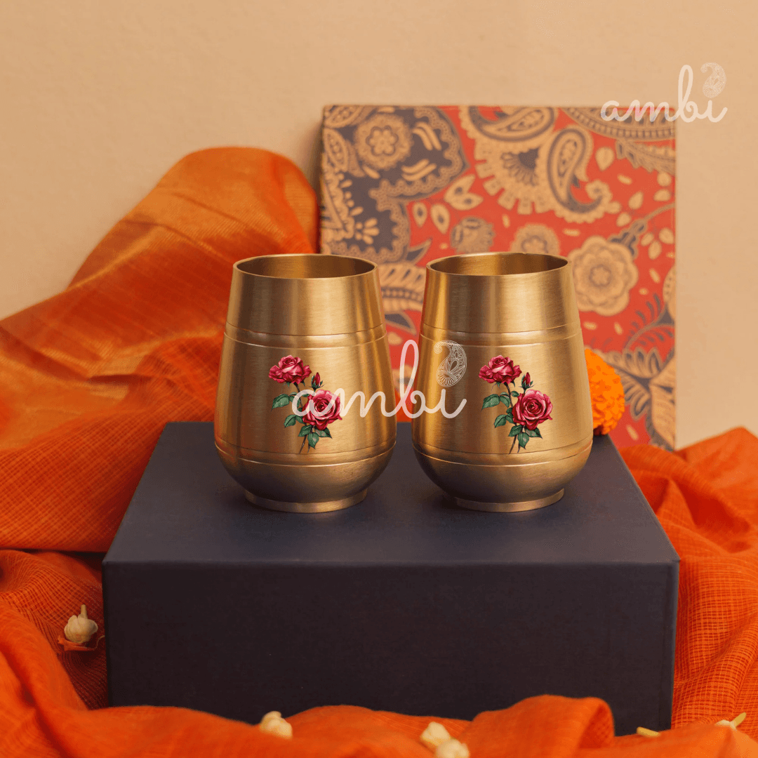 Pure 100% Lead Free Kansa Floral Hand Painted Finish - Rose Design Heavy Damru Glass - 350 ML