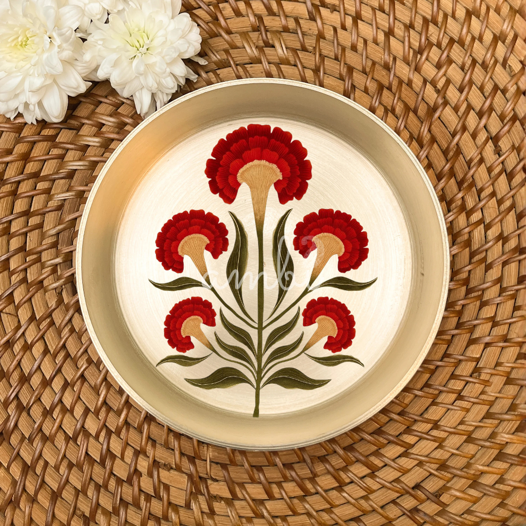 AMBI 100% Pure Lead Free Kansa Floral Hand Painted Finish Small Plate | Dessert Plate | Puja Plate - 6 Inch