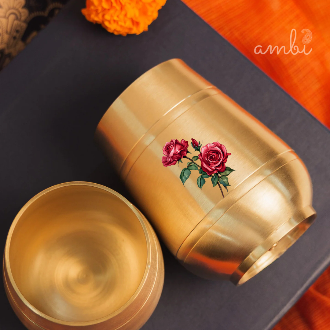 Pure 100% Lead Free Kansa Floral Hand Painted Finish - Rose Design Heavy Damru Glass - 330 ml