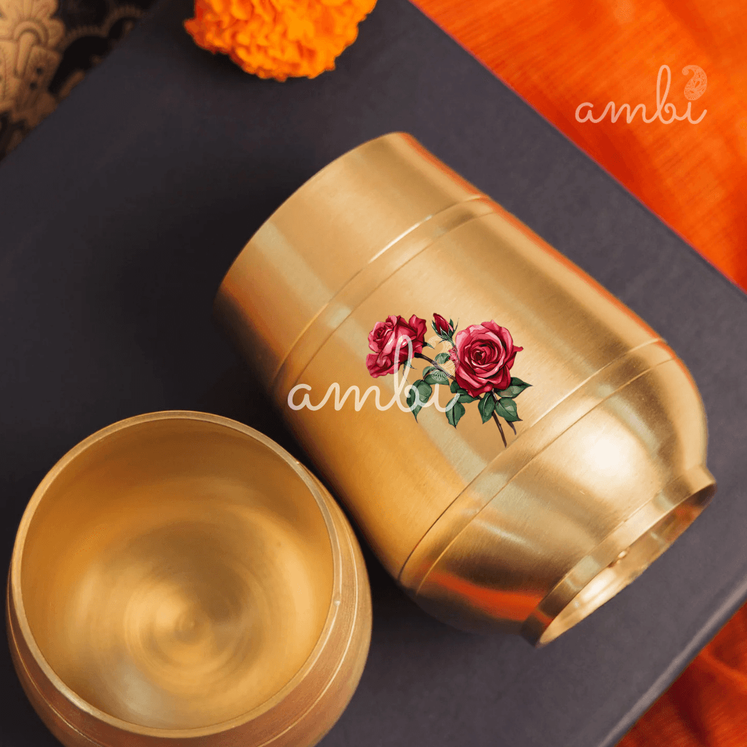 Pure 100% Lead Free Kansa Floral Hand Painted Finish - Rose Design Heavy Damru Glass - 350 ML