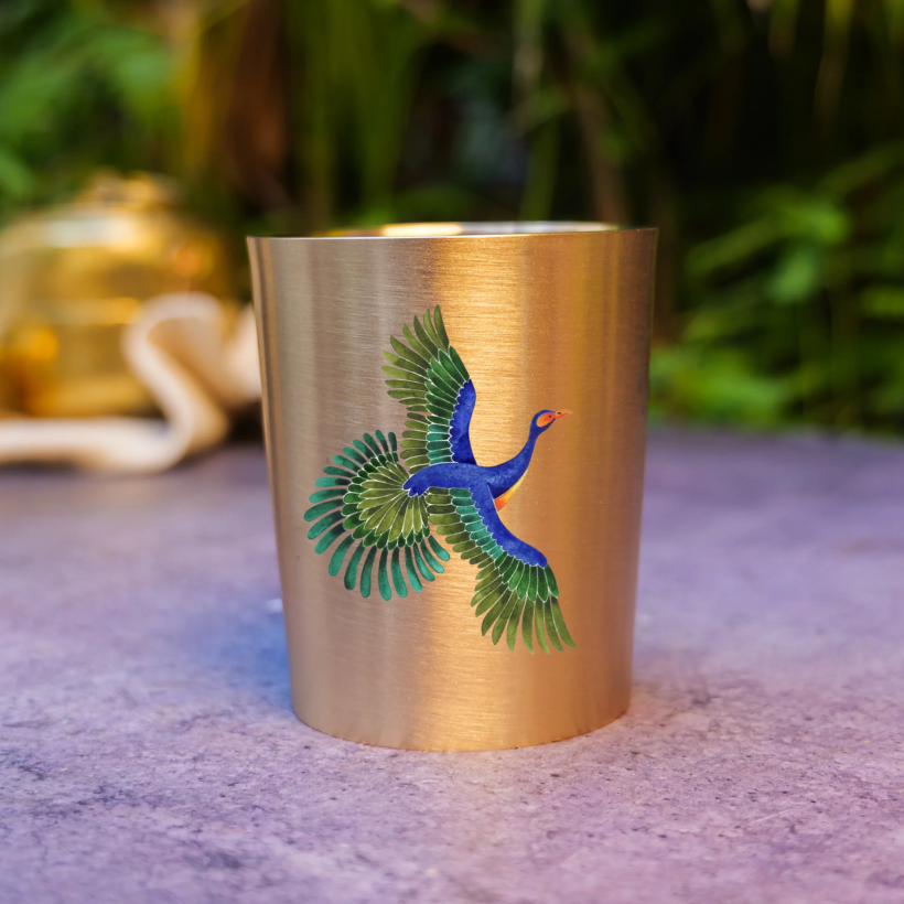 Ambi Pure 100% Lead Free Kansa Pattachitra birds Hand Painted Glass – 250 ML - For Ayurvedic Wellness