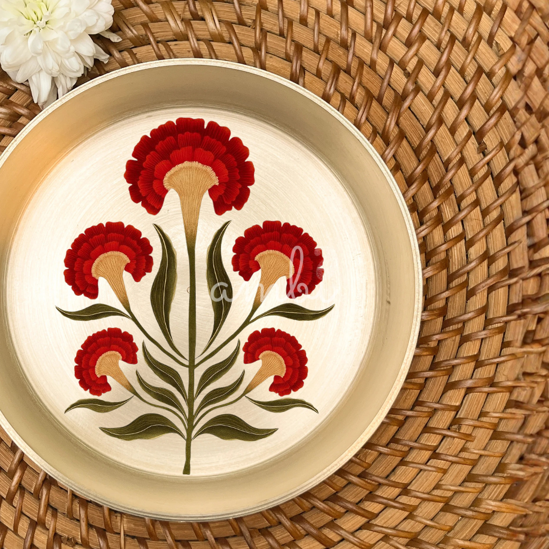 AMBI 100% Pure Lead Free Kansa Floral Hand Painted Finish Small Plate | Dessert Plate | Puja Plate - 6 Inch