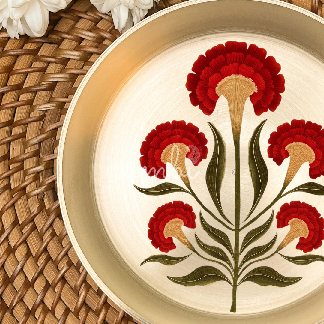 AMBI 100% Pure Lead Free Kansa Floral Hand Painted Finish Small Plate | Dessert Plate | Puja Plate - 6 Inch
