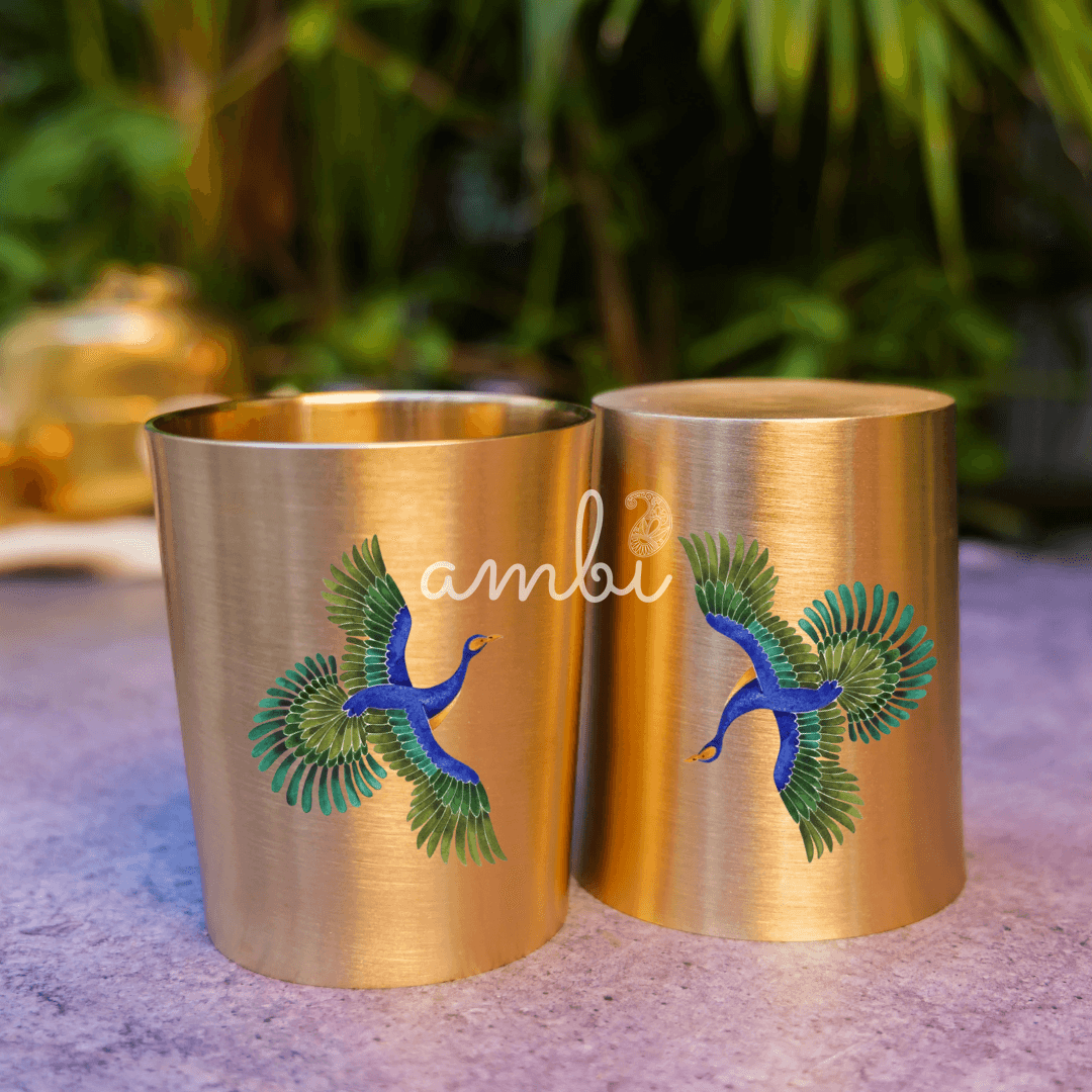 Ambi Pure 100% Lead Free Kansa Pattachitra birds Hand Painted Glass – 250 ML - For Ayurvedic Wellness