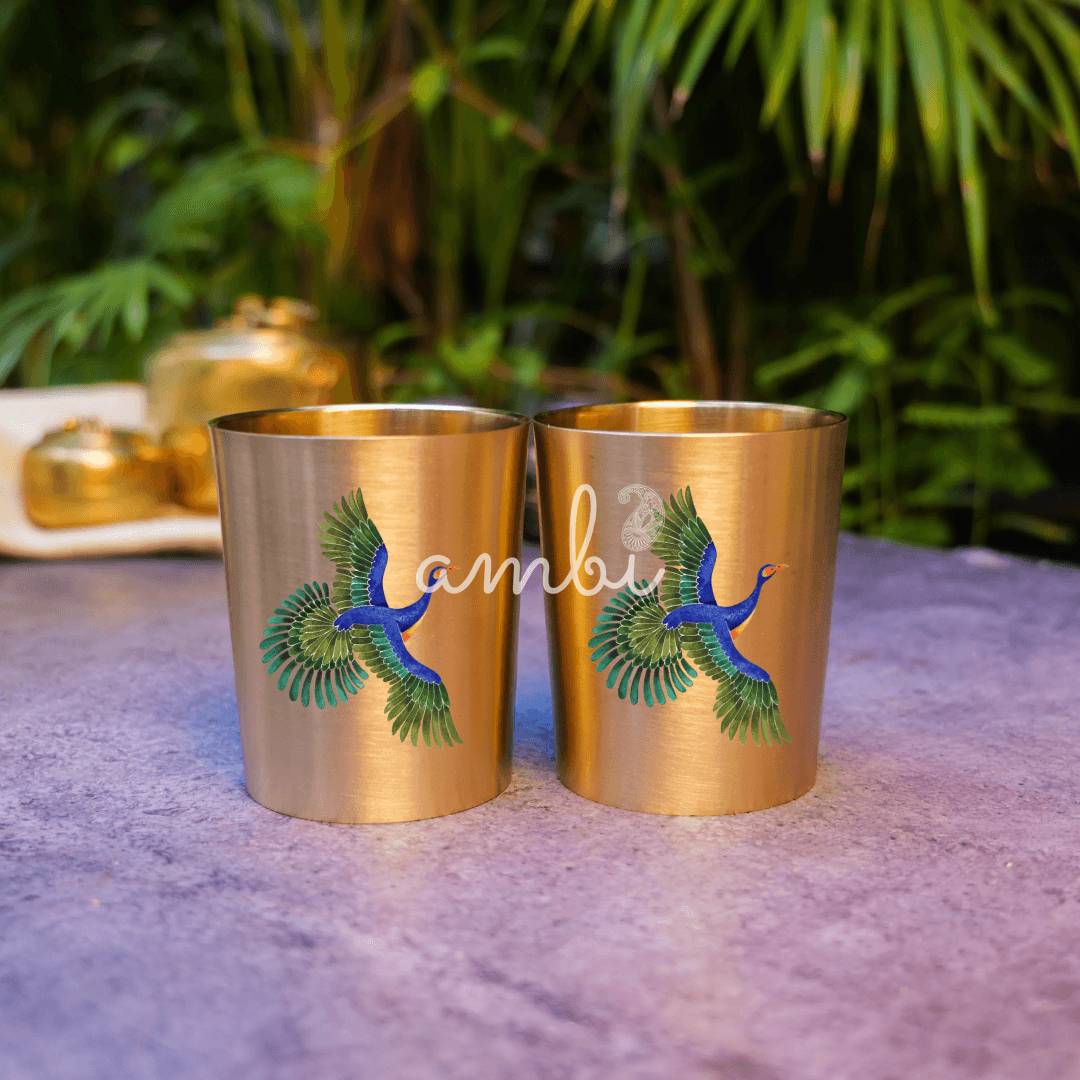 Ambi Pure 100% Lead Free Kansa Pattachitra birds Hand Painted Glass – 250 ML - For Ayurvedic Wellness
