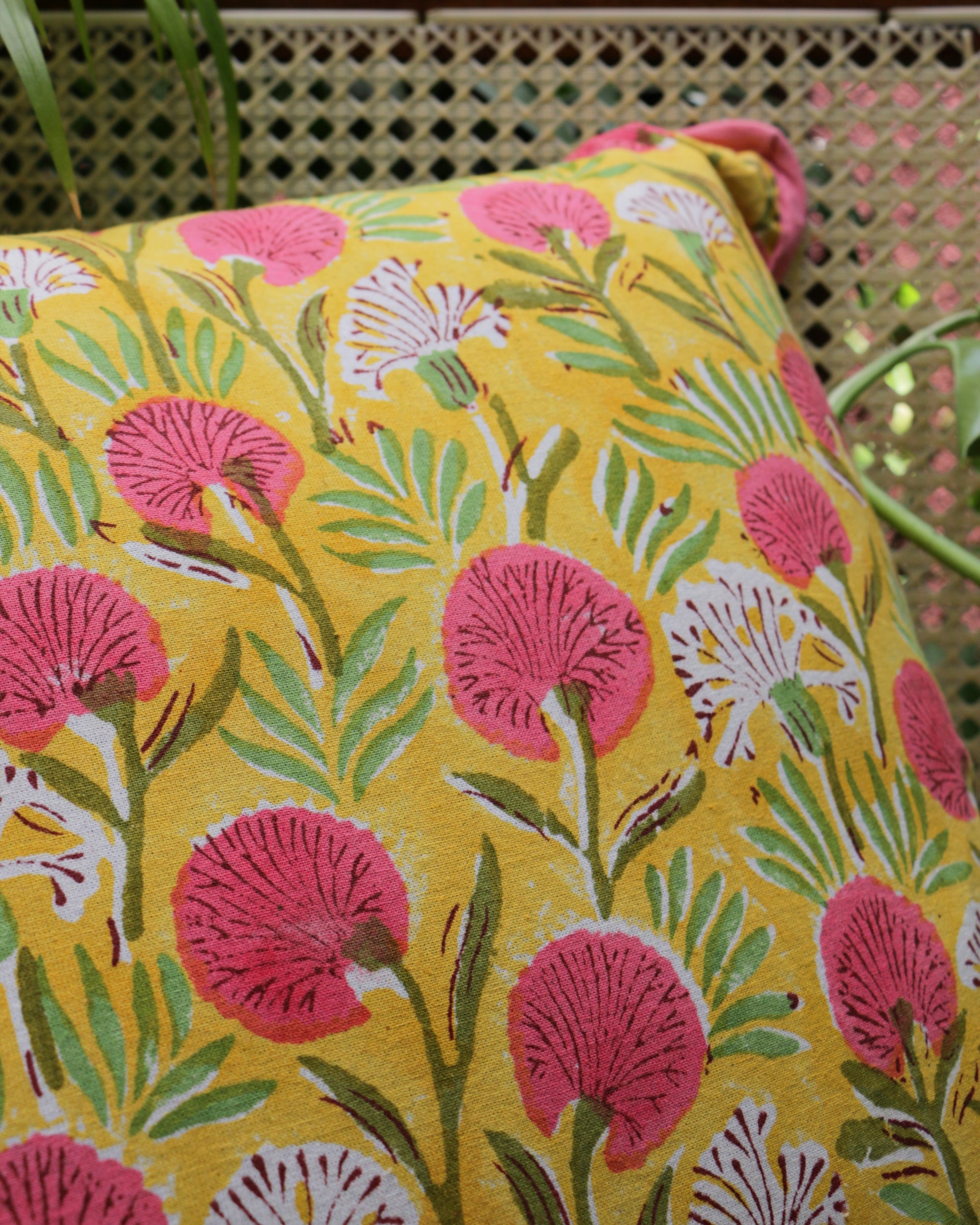 2026 Collection - Hand Block Printed Double Side Cushion Cover Yellow ( Set of 6) - 16 X 16 inches