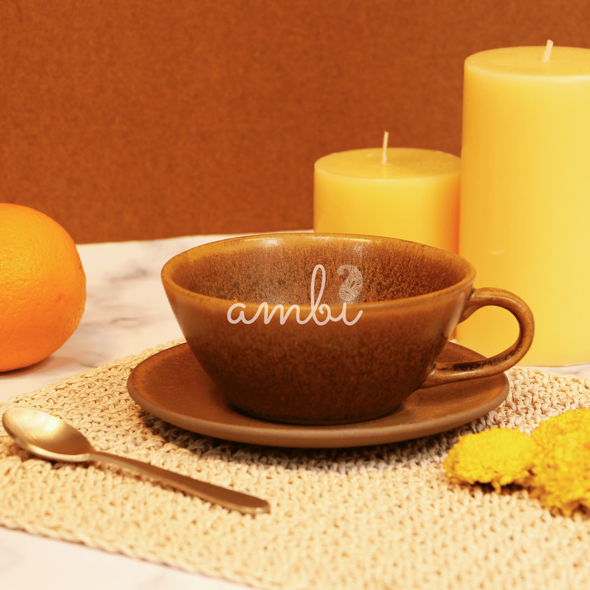 Handmade Ceramic brown Fig textured Cup and Saucer 300 ml