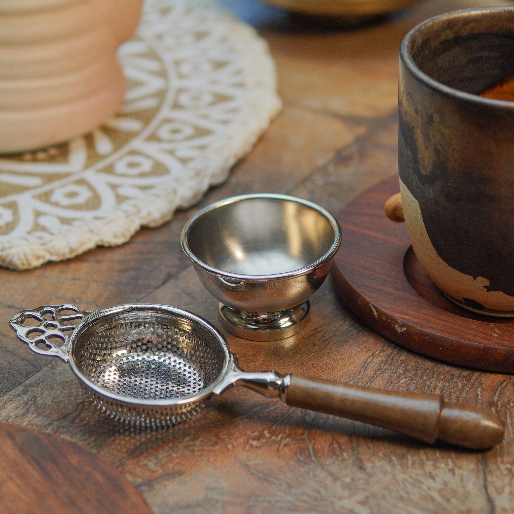 Matte Finish Brass Medium Sized Tea Strainer Silver 2 Piece Set With Wooden Holder