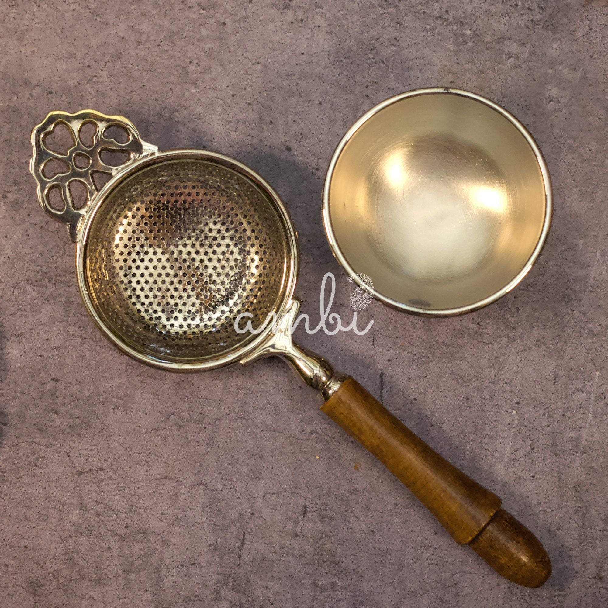 Pure Brass Punched Flower Medium Sized Tea Strainer - Gold Matte Finish With Wooden Handle and Resting pot