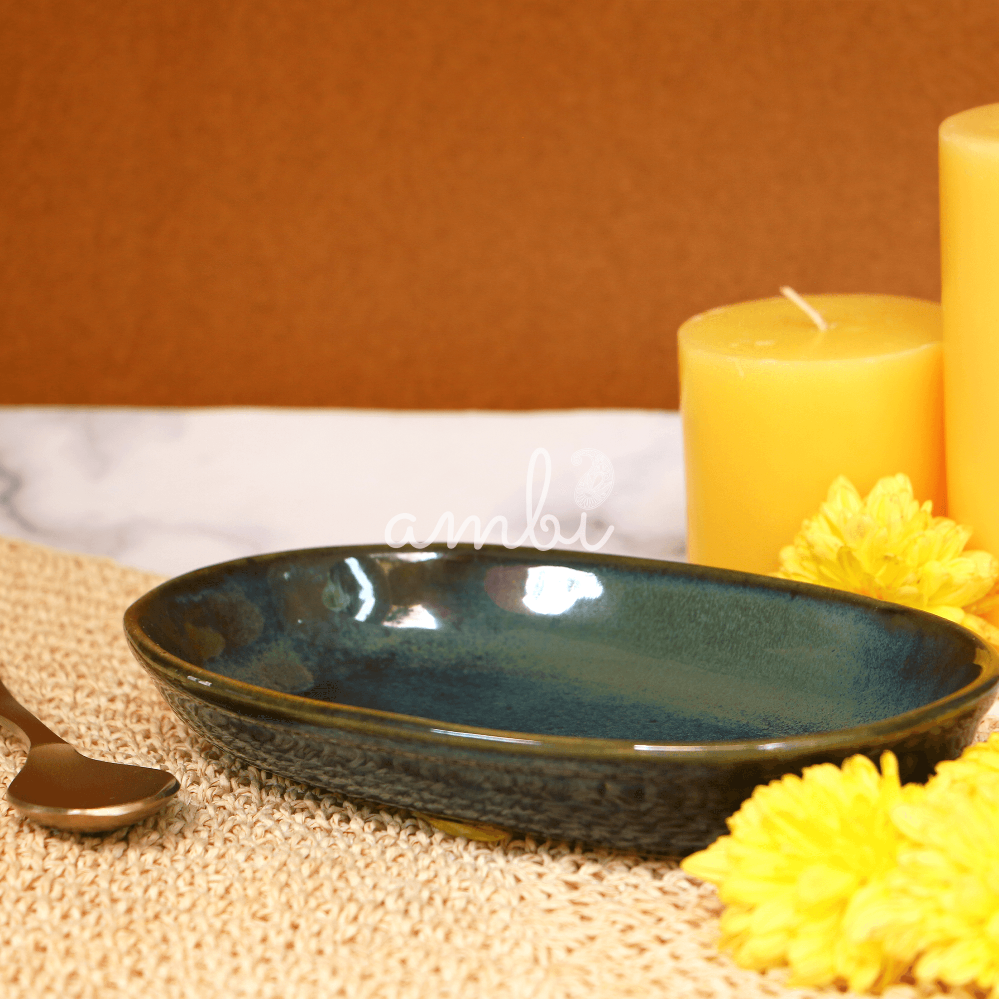 Handmade Ceramic Emerald Blue Serving Platter