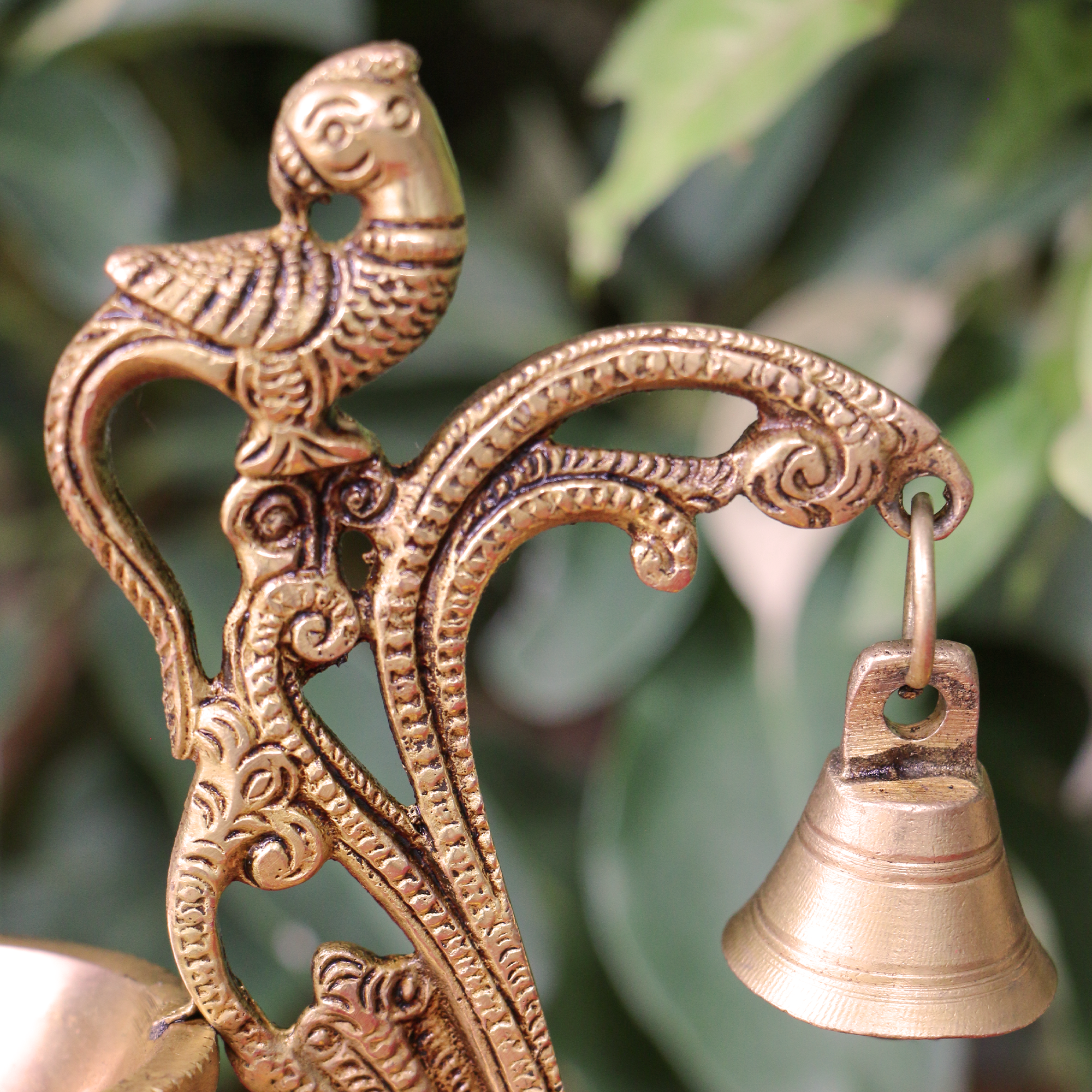 Pure Brass Peacock Antique Style Deepak/Diya Large with Bell - Heavy make