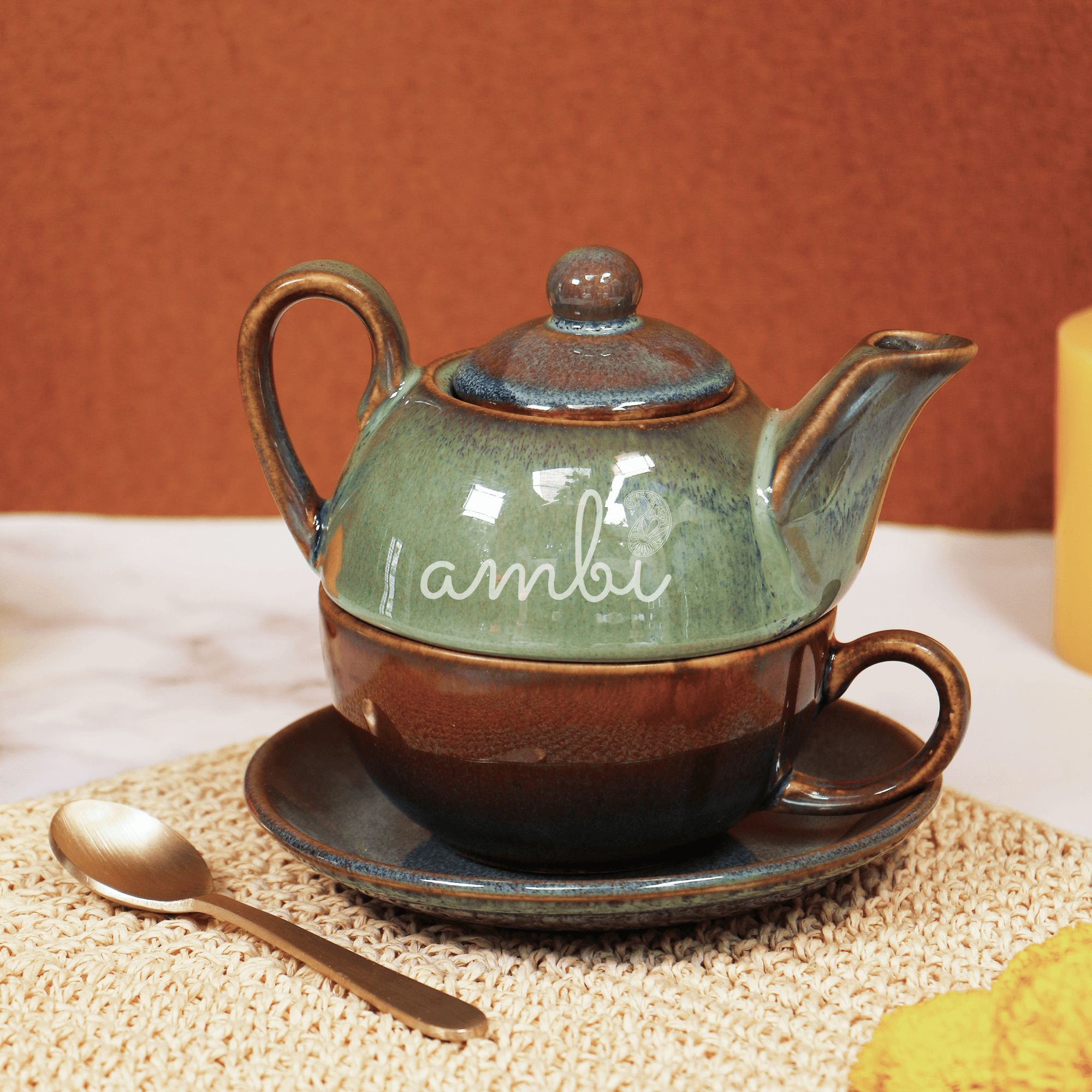 Unique Handmade Sage Green Tea Set (cup, saucer and kettle)