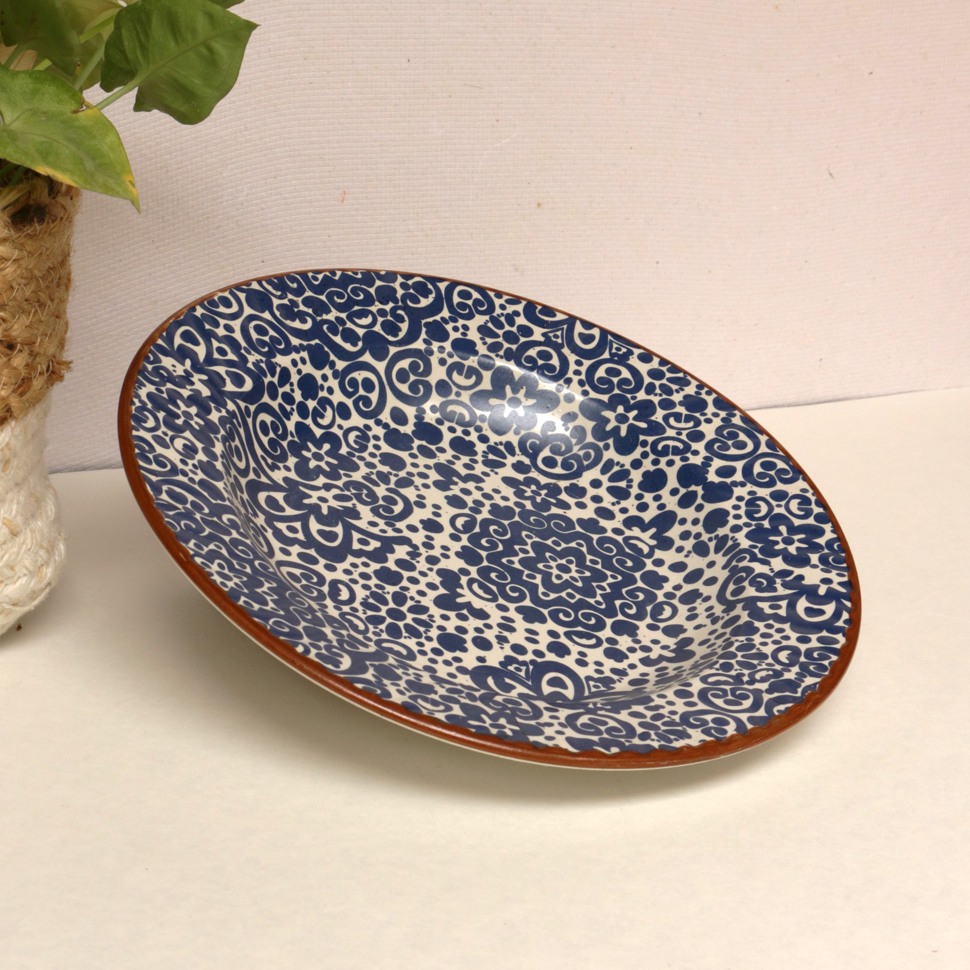Ambi Turkish Handmade Blue Floral Pattern Pasta Platter 10 inch