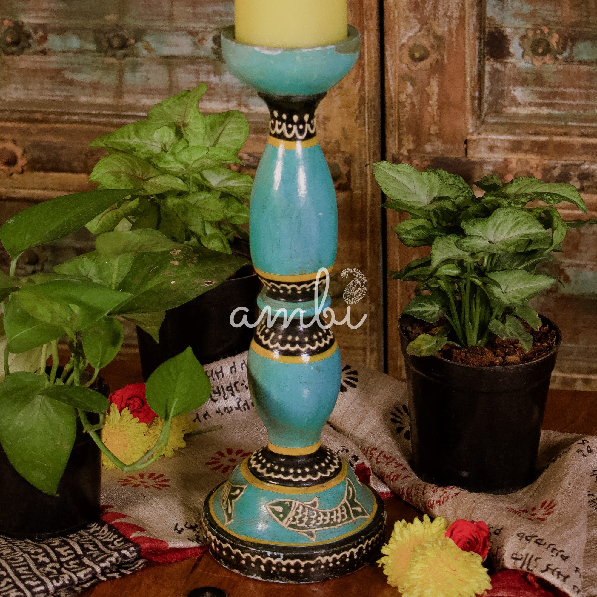 Wooden Candle Rustic Look Stand - Cyan