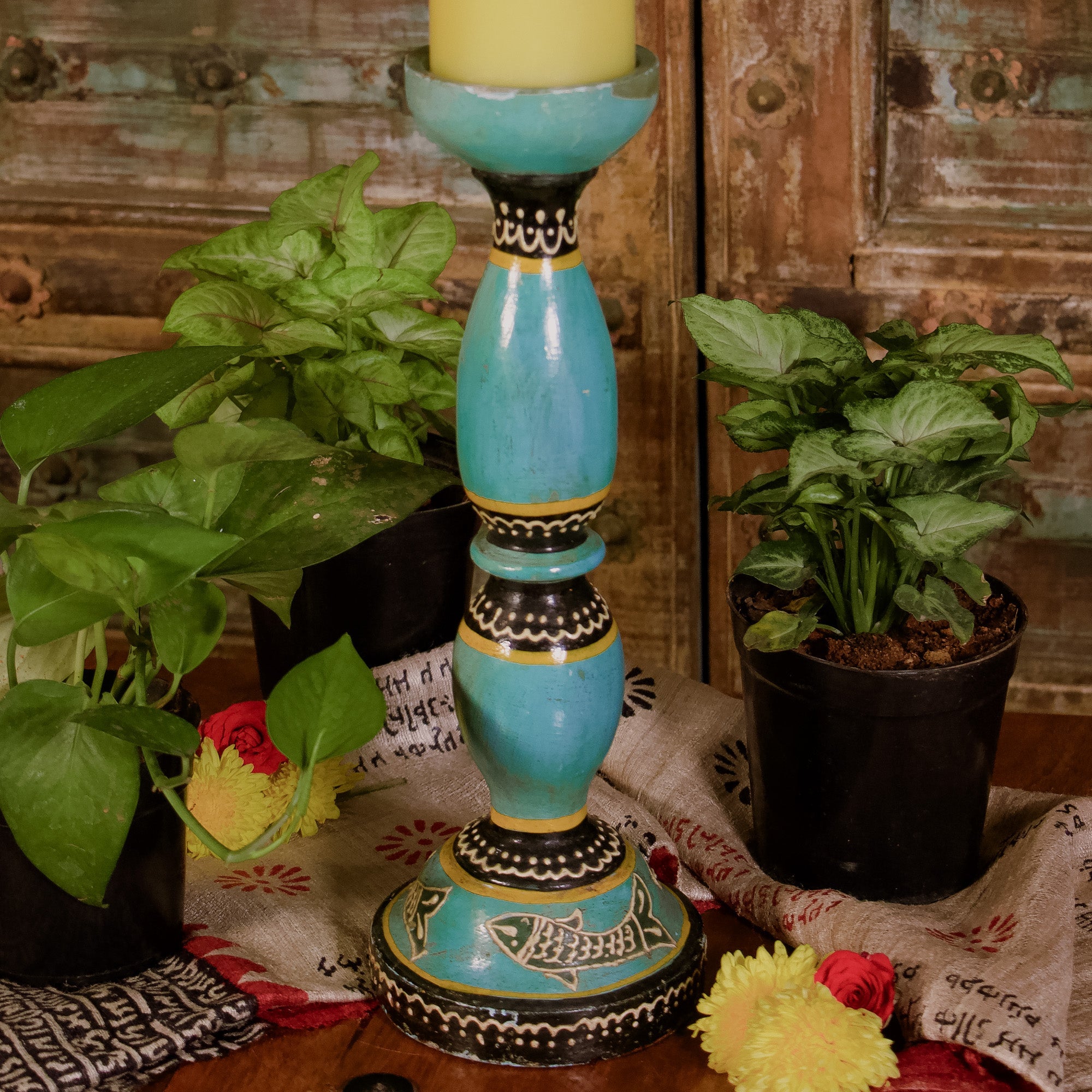 Wooden Candle Rustic Look Stand - Cyan