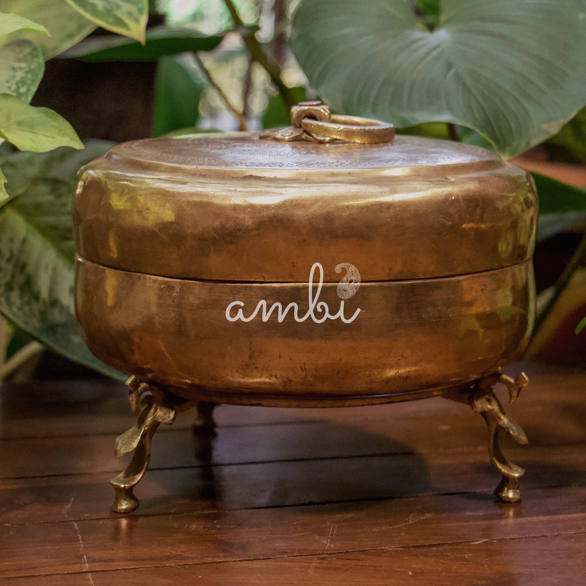 Handcrafted Vintage Floral Engraved Brass Chapati Box on Legs - Small
