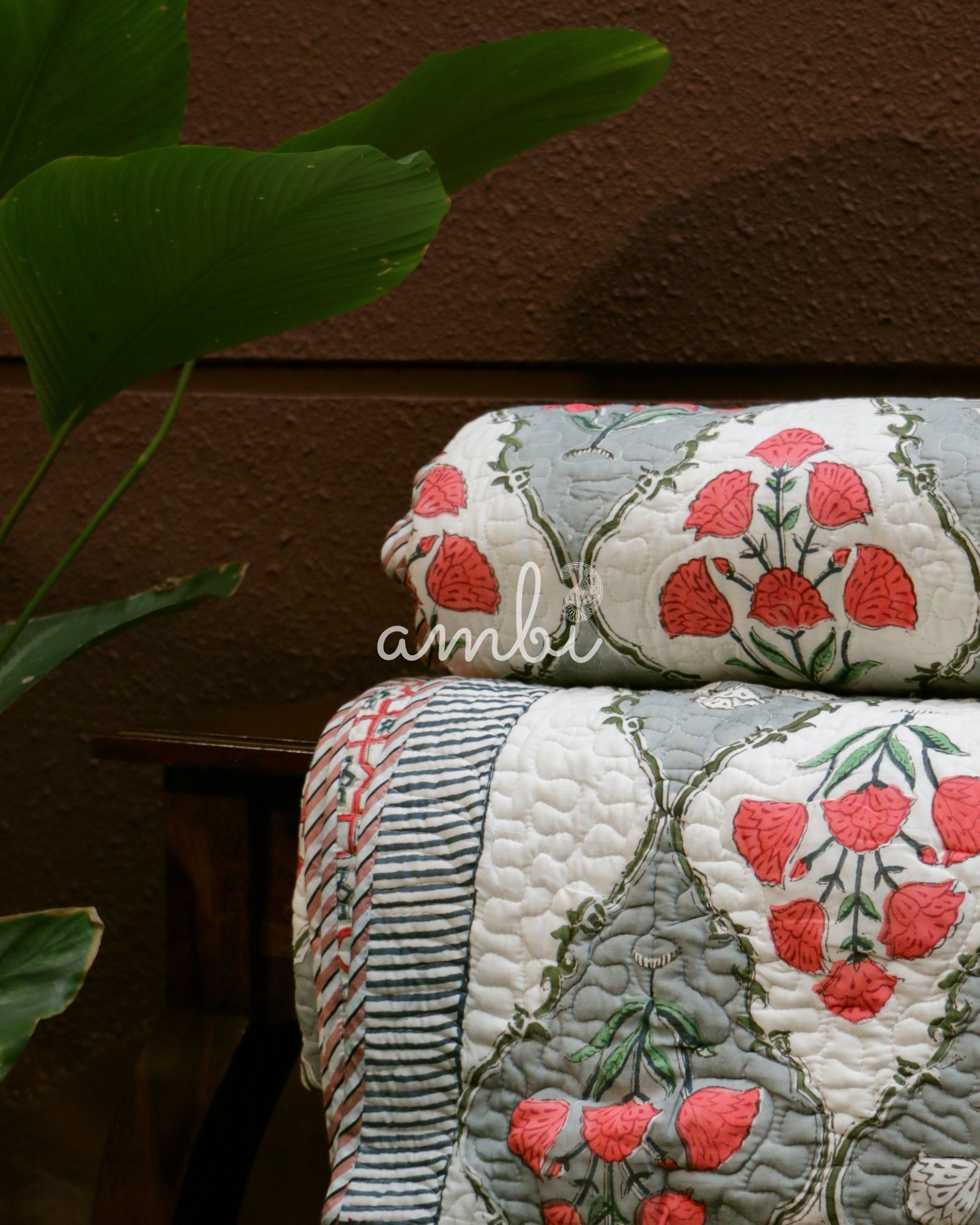 2026 Collection - Bed Cover Fuchsia Floral Hand Block Printed Jaipuri Quilted Bed Cover with 2 Pillow Covers- Double - 108X108 Inches