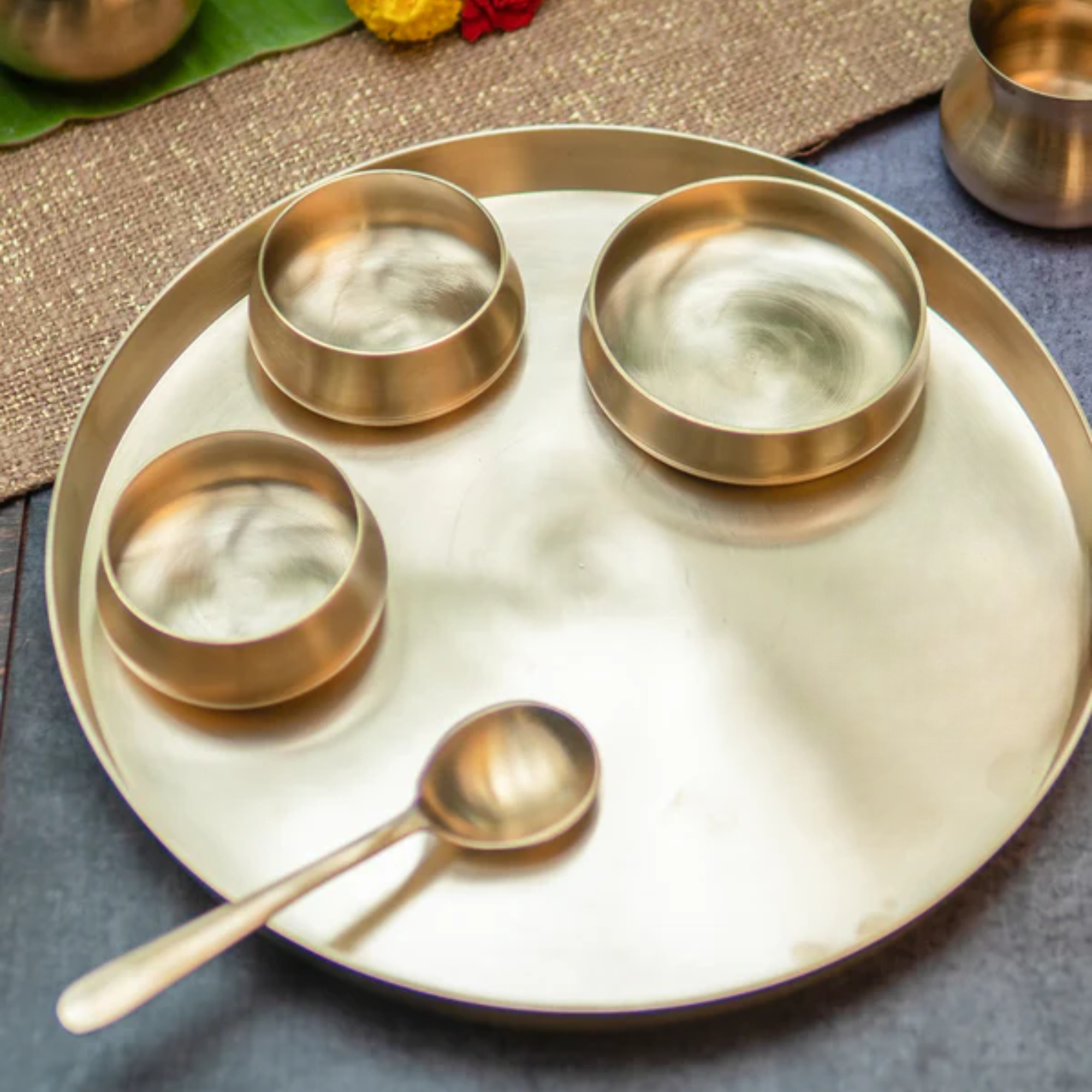 Ambi Pure 100% Lead Free Kansa Curved Thali Set - Set of 6 pieces - Matt Finish Heavy Masterpiece