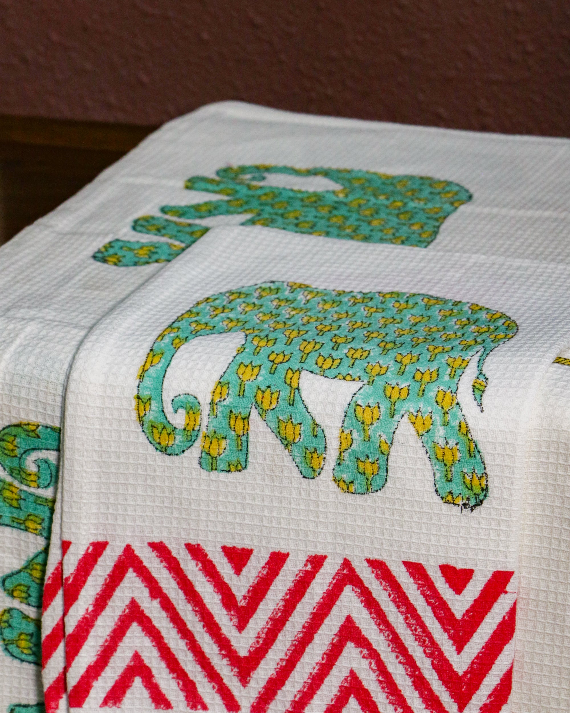 Hand Block Printed Elephant & Umbrella Waffle Cotton Towel Set (1 Bath+2 Hand Towels)