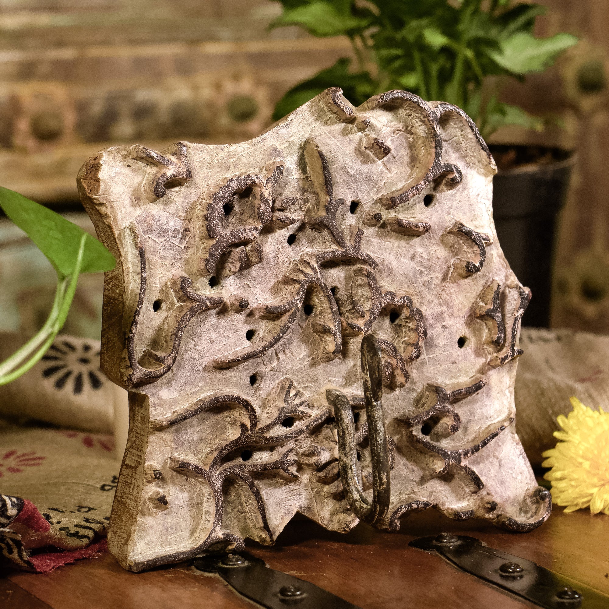 Hook on Rustic Block Print Wood Base - Distressed Look