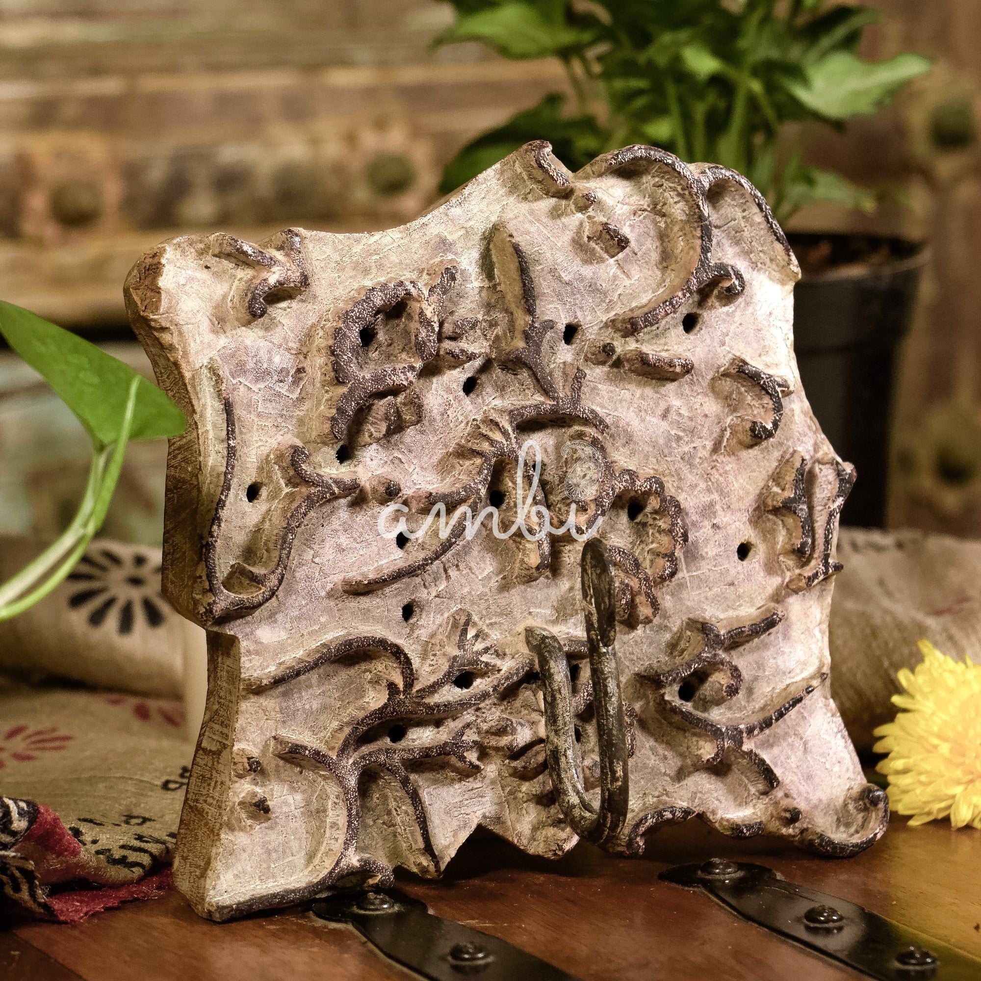 Hook on Rustic Block Print Wood Base - Distressed Look