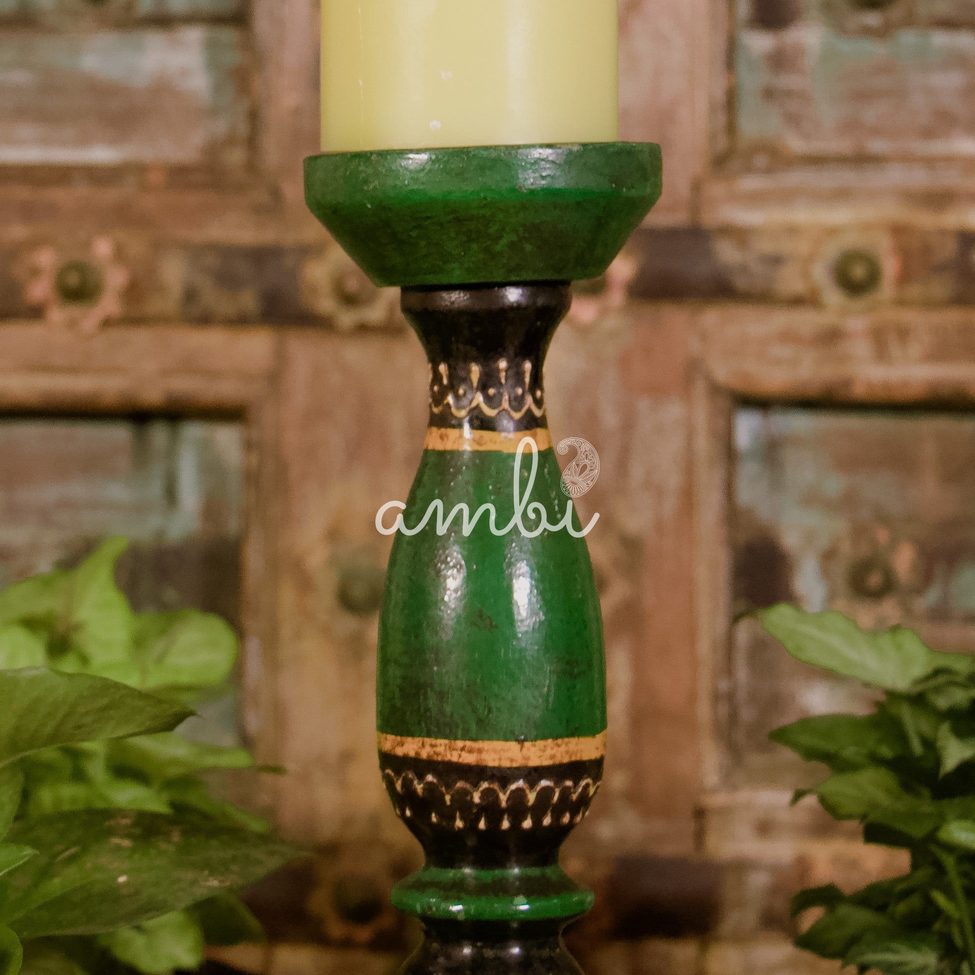 Wooden Candle Rustic Look Stand - Dark Green