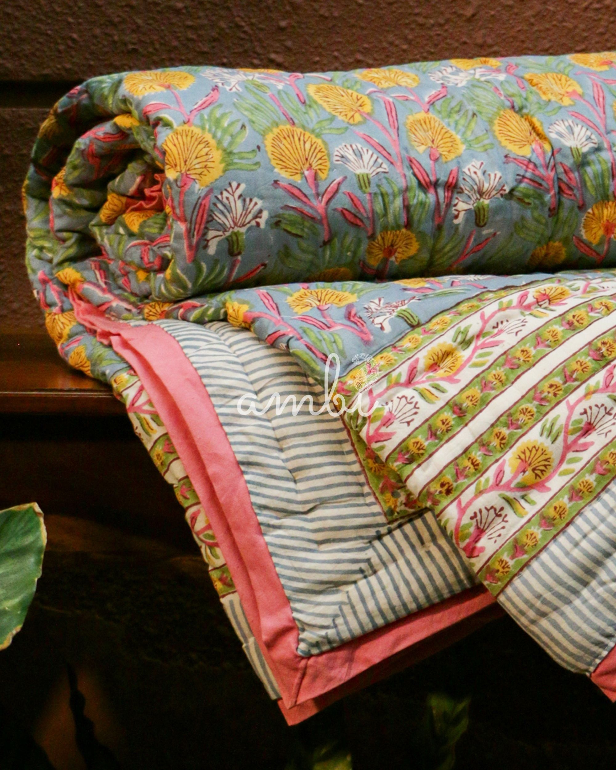 2026 Collection - Floral Yellow Hand Block Printed Jaipuri Rajai / Quilt- Singles - Pair of 2 - 60X90 Inches each