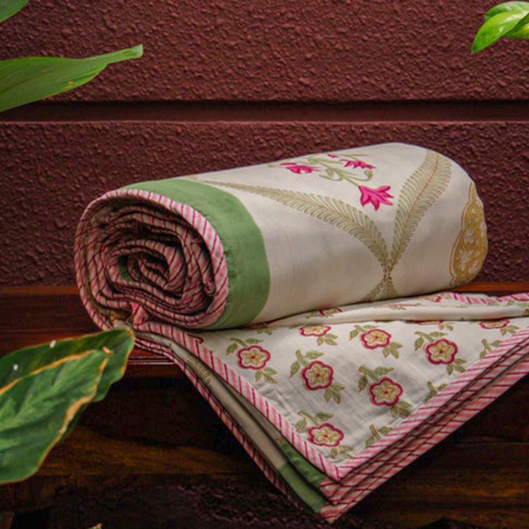 2026 Collection - Jaipuri Pink Floral Mulmul Triple Layer Reversible Dohar (Double Bed) - 90X108 Inches