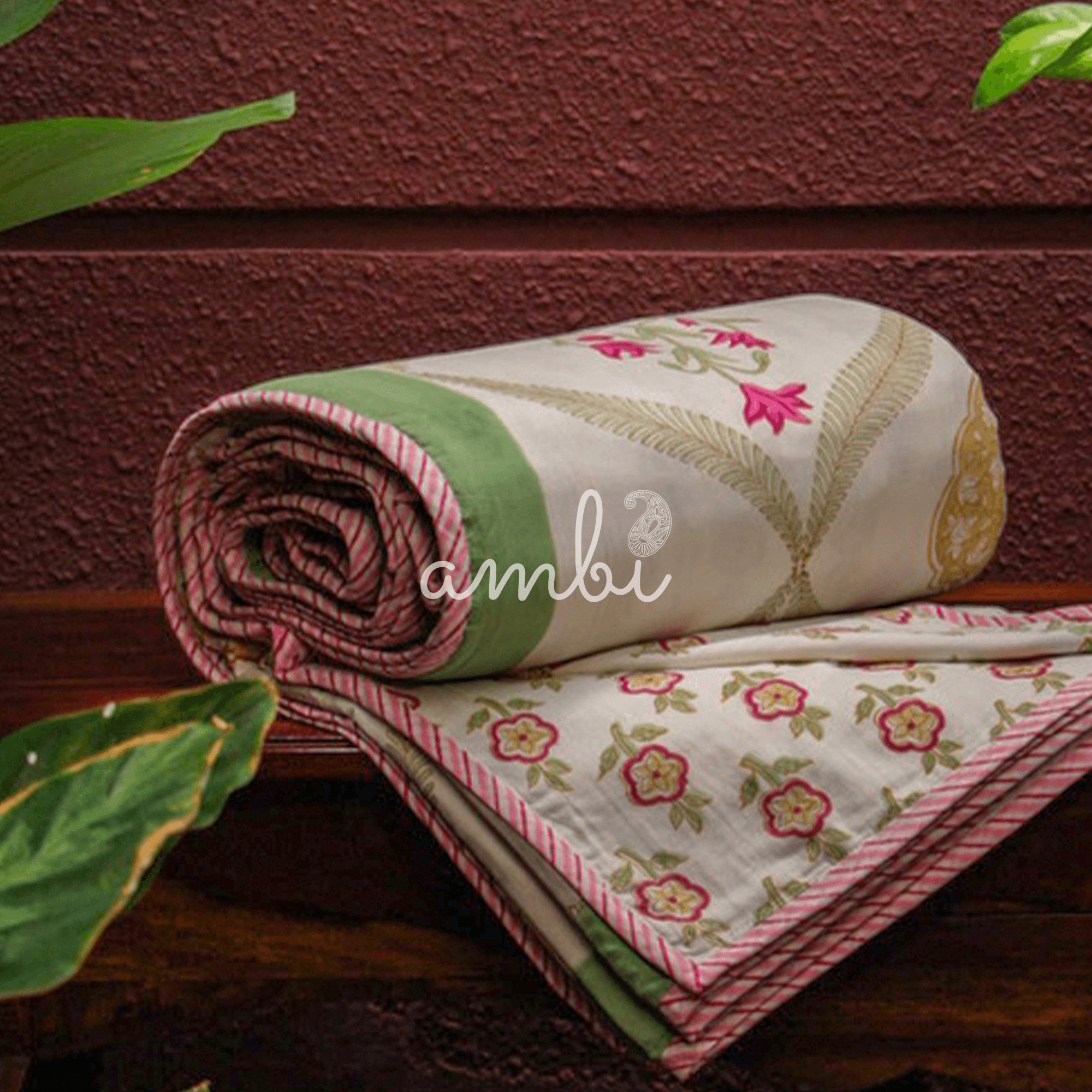 2026 Collection - Jaipuri Pink Floral Mulmul Triple Layer Reversible Dohar (Double Bed) - 90X108 Inches