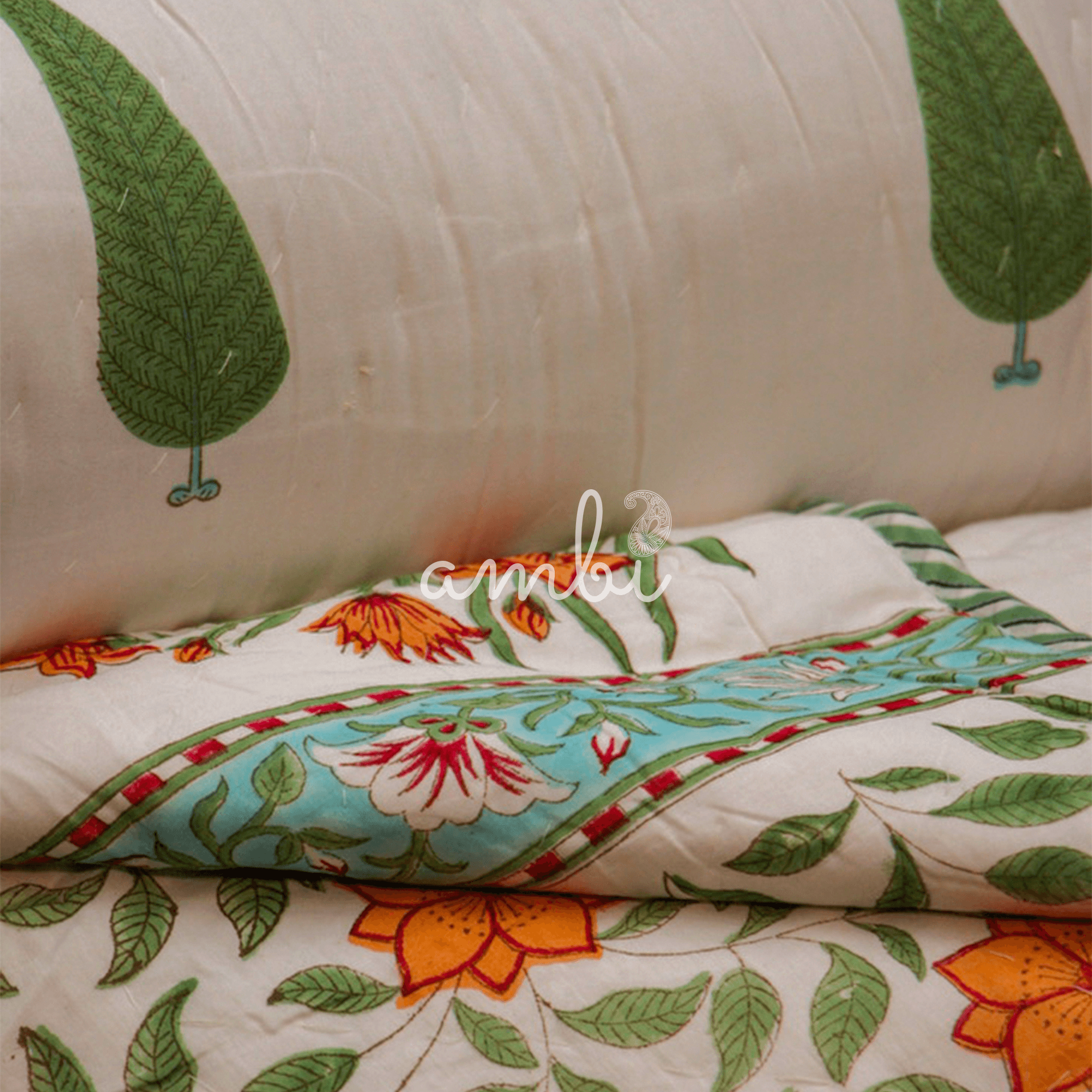 2026 Collection - Reversible Green Cypress Heavy Hand Block Printed Jaipuri Rajai / Quilt- Double - 90X108 Inches