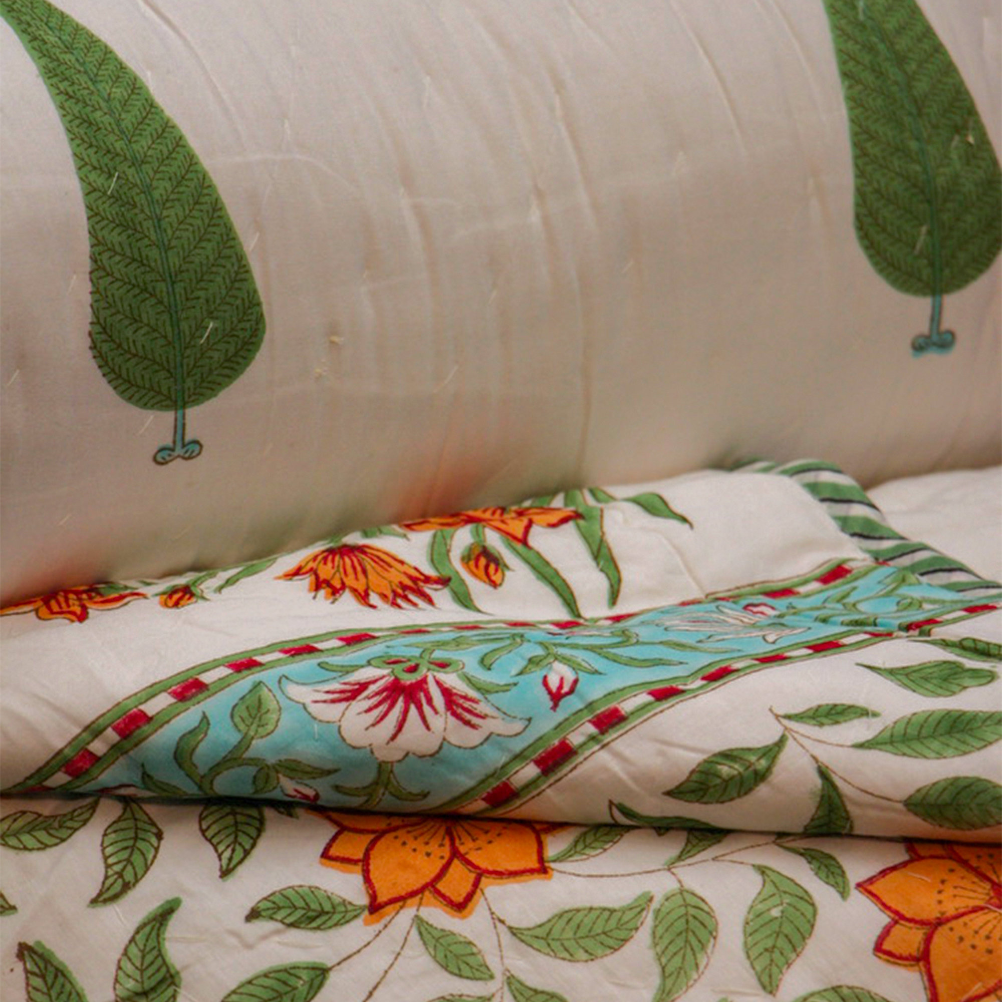 2026 Collection - Reversible Green Cypress Heavy Hand Block Printed Jaipuri Rajai / Quilt- Double - 90X108 Inches