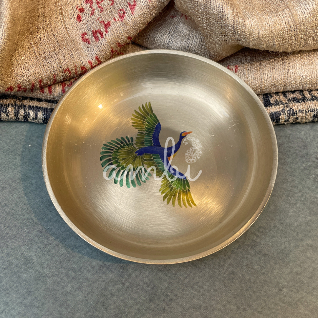 Ambi Pure Kansa Pattachitra Bird Hand Painted Plate – 4 Inch | Dessert & Puja Plate