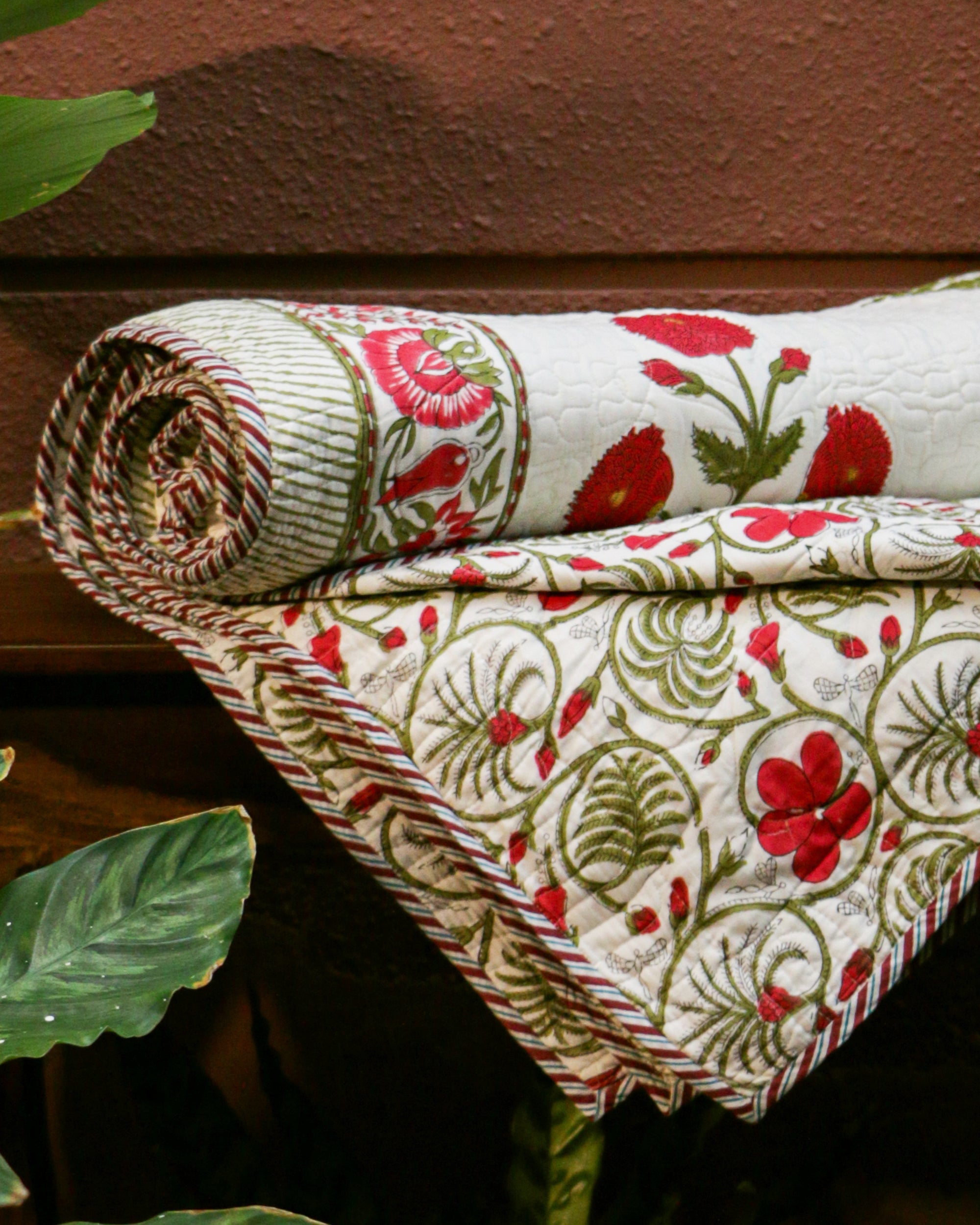 2026 Collection - Bed Cover - Red Floral Hand Block Printed Jaipuri Quilted Bed Cover with 2 Pillow Covers- Double - 90X108 Inches