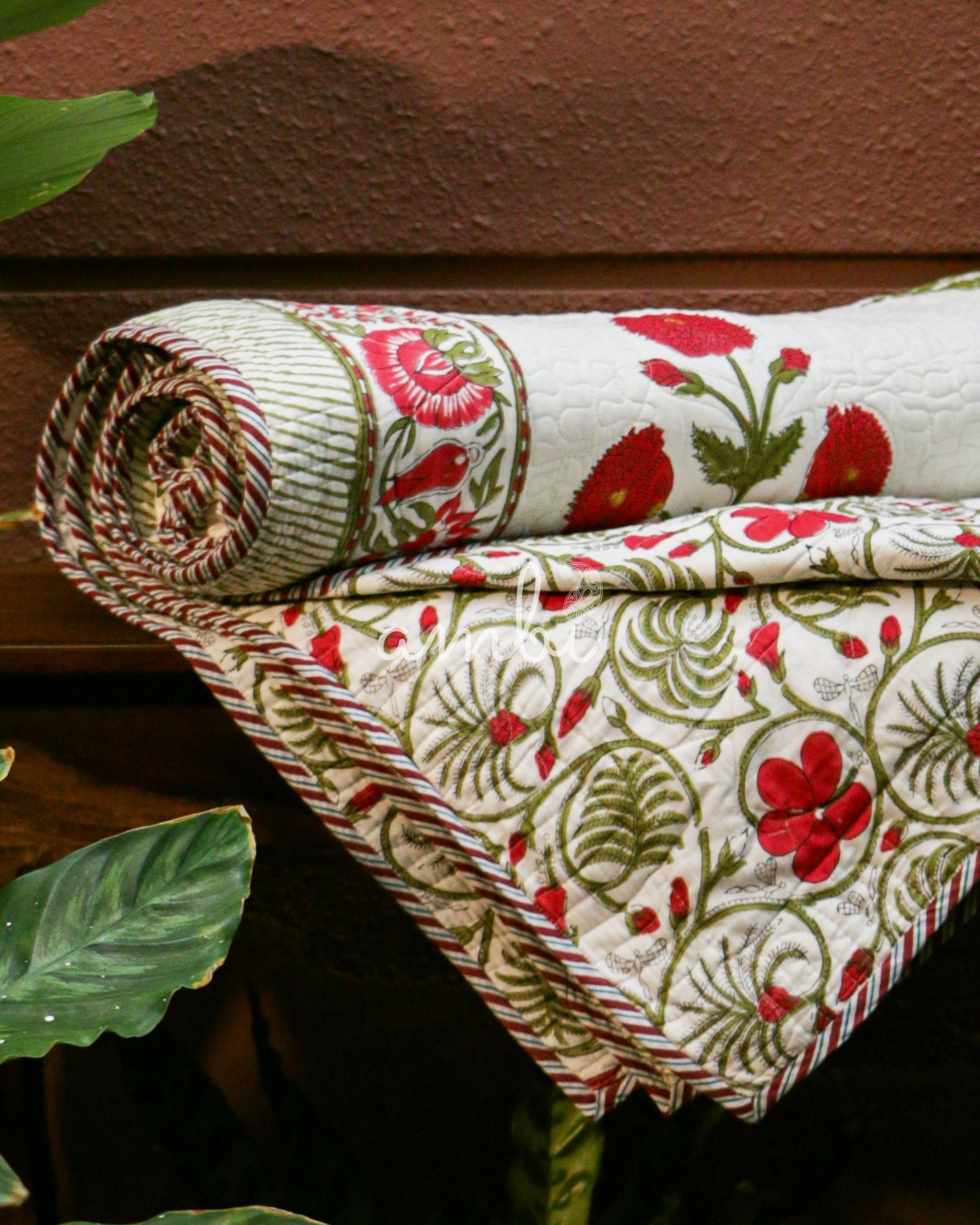 2026 Collection - Bed Cover - Red Floral Hand Block Printed Jaipuri Quilted Bed Cover with 2 Pillow Covers- Double - 90X108 Inches