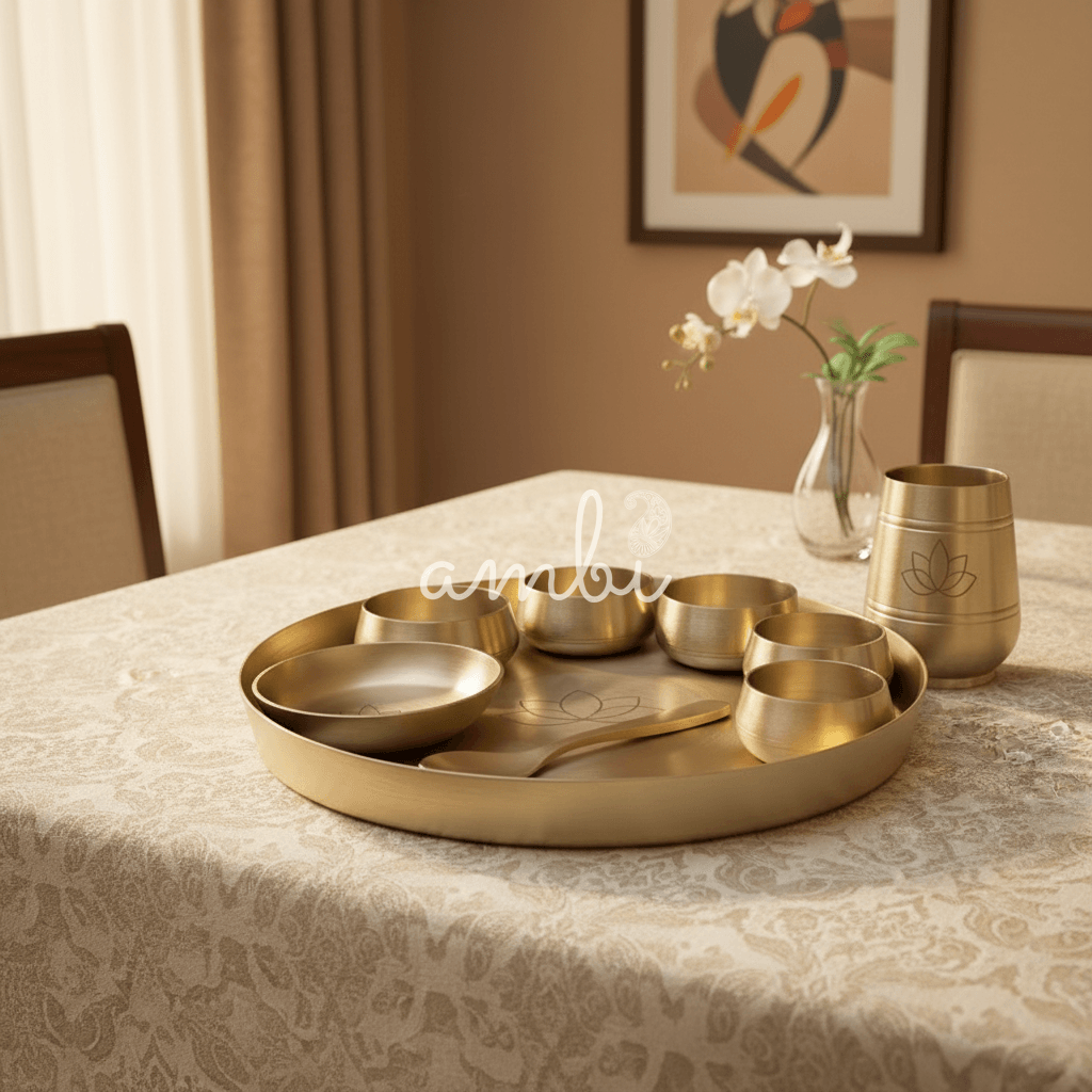 AMBI Curved Kansa Thali Set with Laser Cut Lotus Design - Matt Finish - Heavy Grade (Set of 10 Pieces)