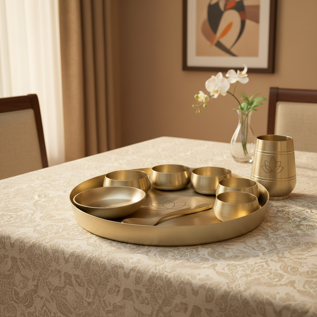 AMBI Curved Kansa Thali Set with Laser Cut Lotus Design - Matt Finish - Heavy Grade (Set of 10 Pieces)