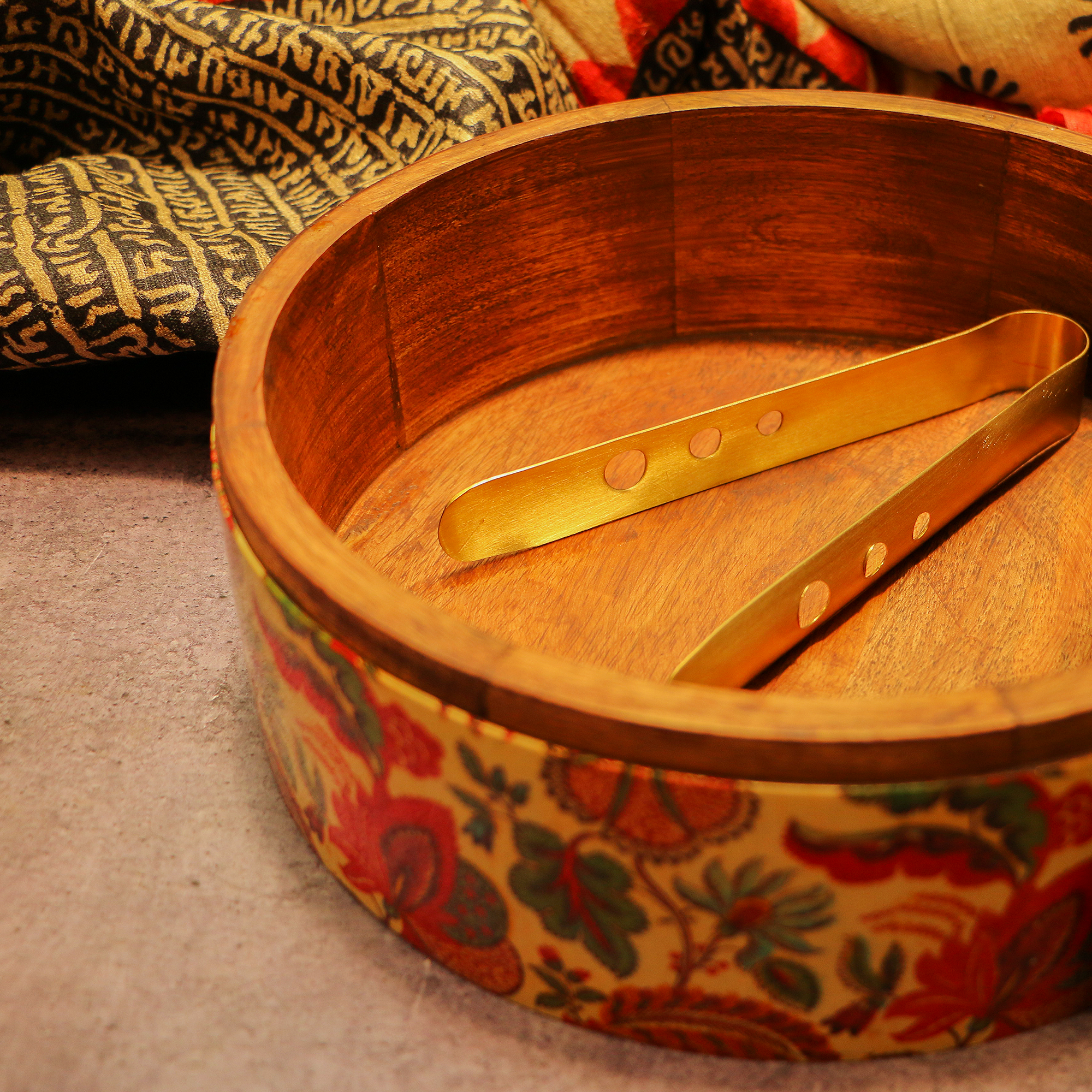 Elegant Brass and Wooden Floral Chapati / Roti Box - 9 Inches Diameter with Tongs