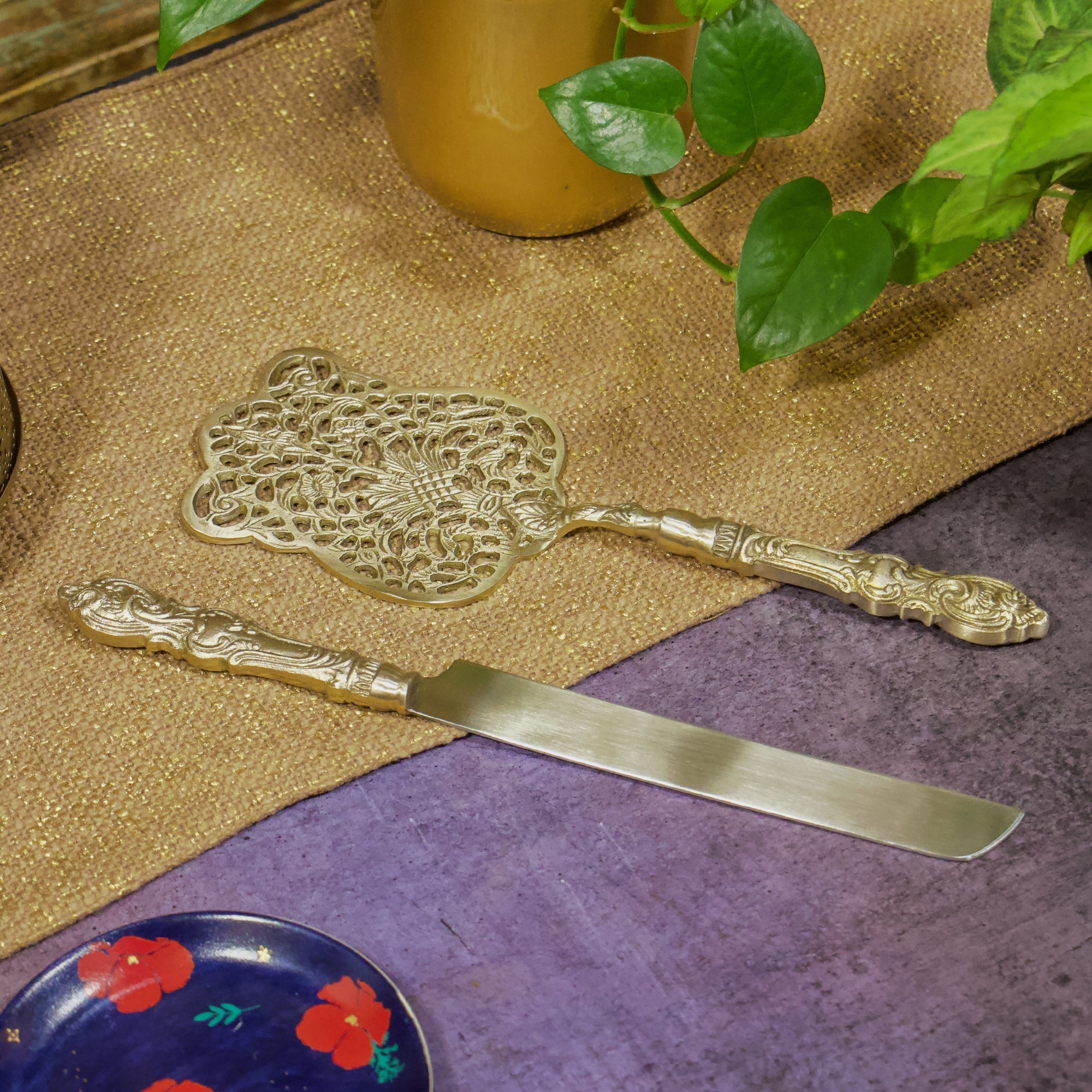 Vintage Victorian Handcrafted Pure Brass Royal Cake Server - Set of 2