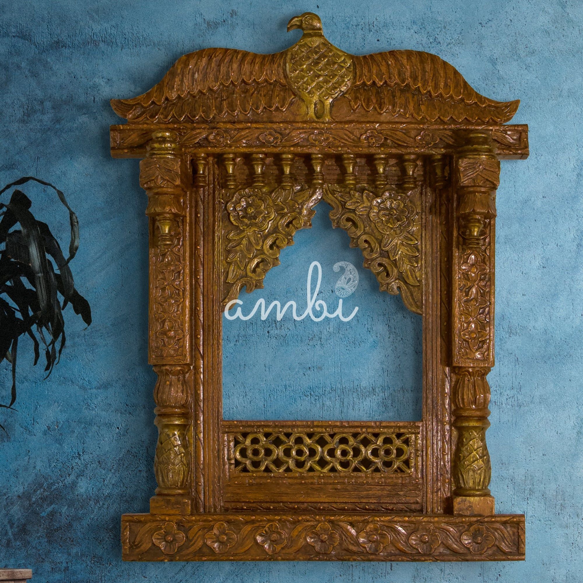 Hand Crafted Wooden Jharoka Wall Decor with a Falcon Top